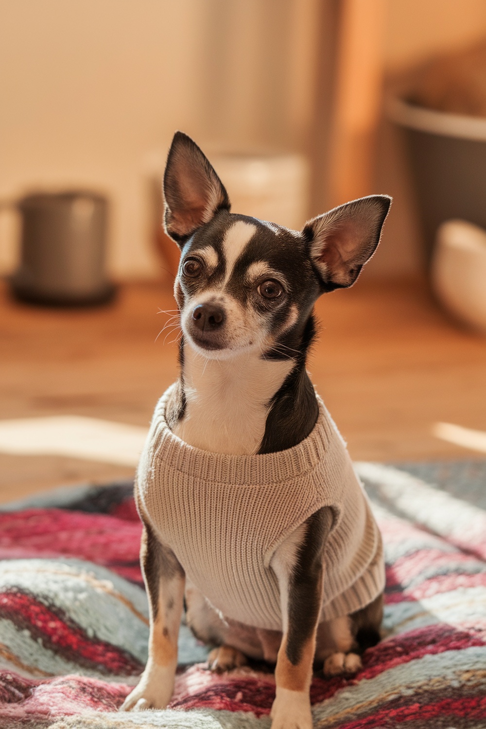 A Chihuahua Terrier mix dog wearing a sweater, sitting on a colorful blanket.