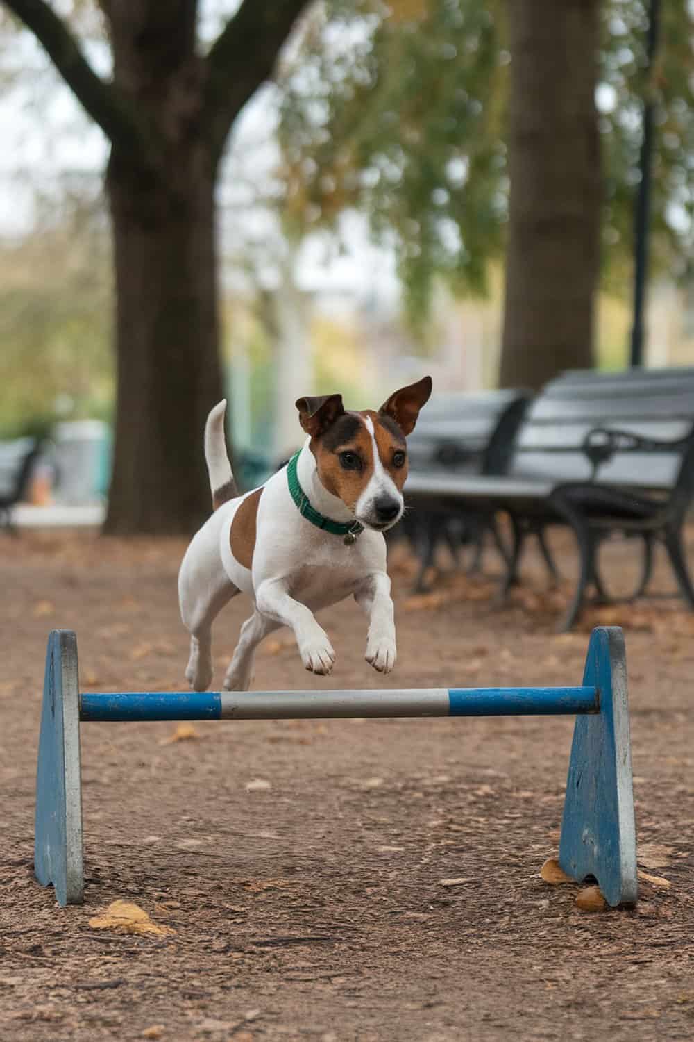 A Parson Russell Terrier jumping over a hurdle in a park.