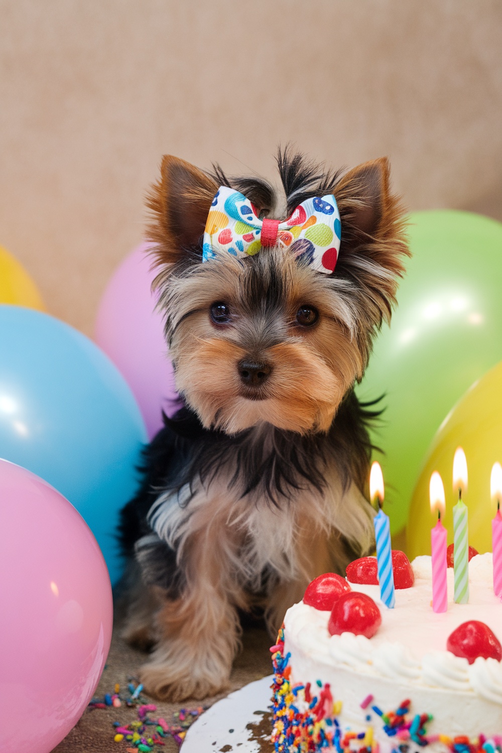 Yorkie puppy with a colorful birthday bow, sitting next to a cake and balloons.