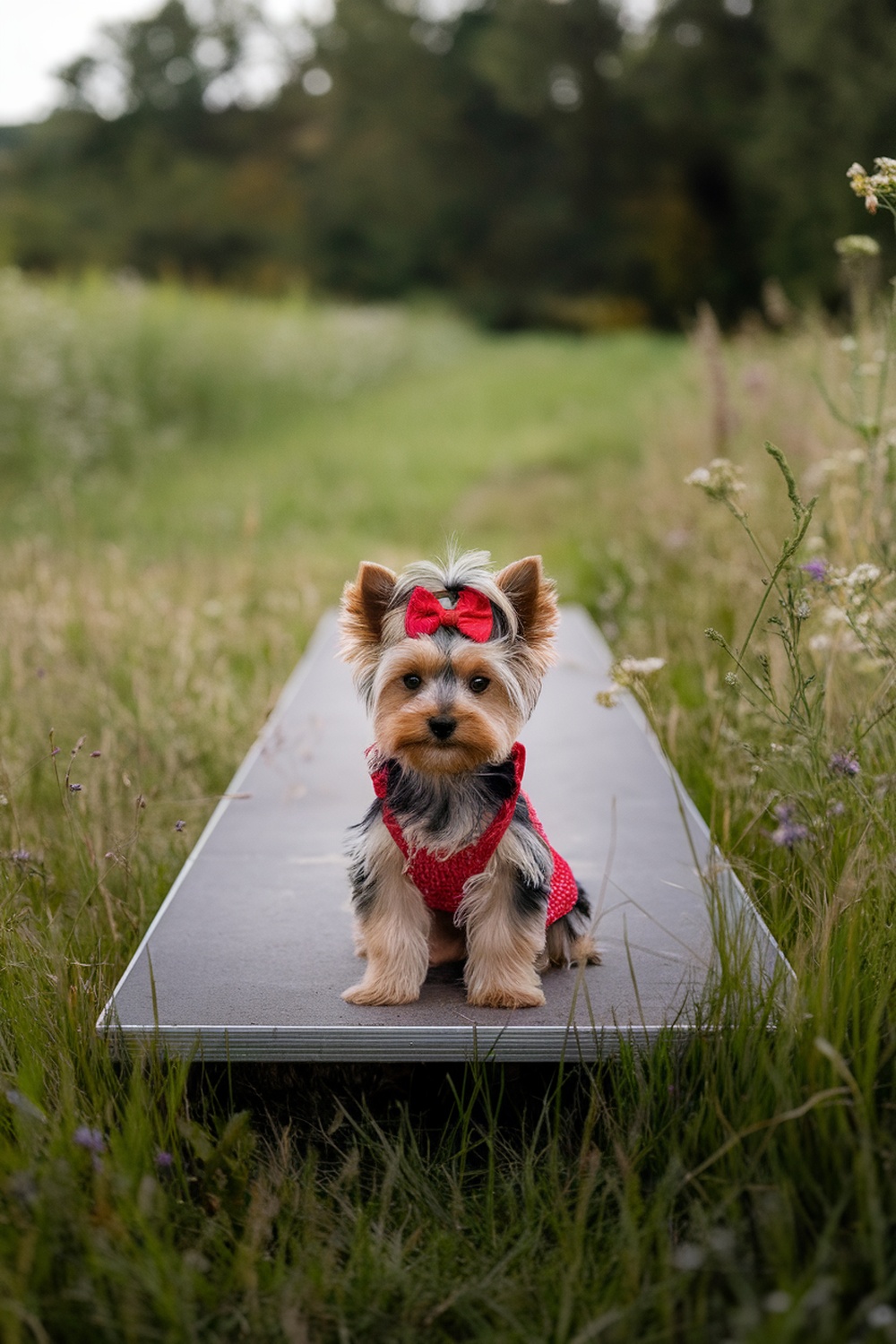 Yorkie puppy wearing a red bow and matching outfit in a grassy field.