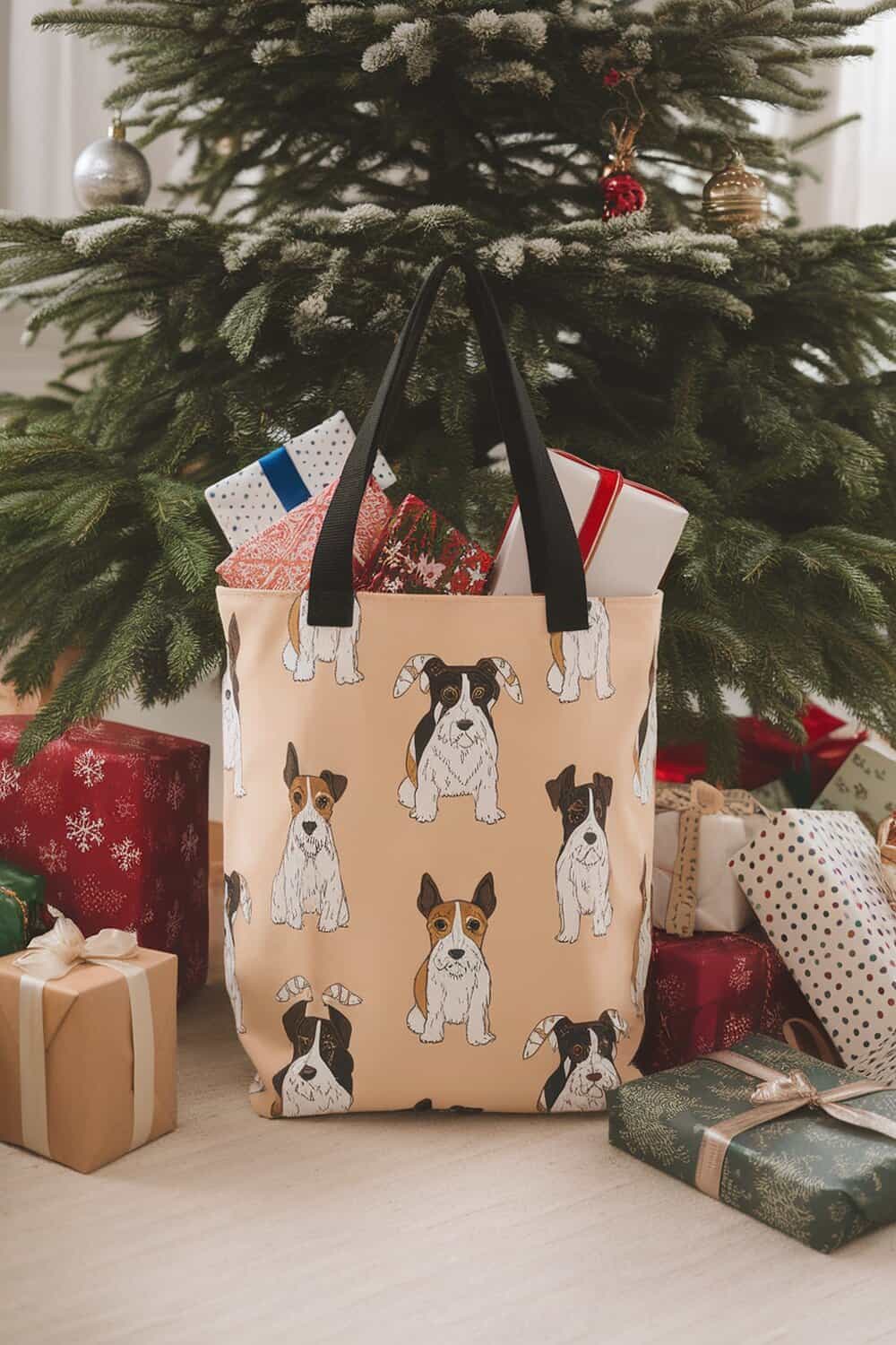 A tote bag with terrier prints, surrounded by Christmas gifts and a decorated tree.