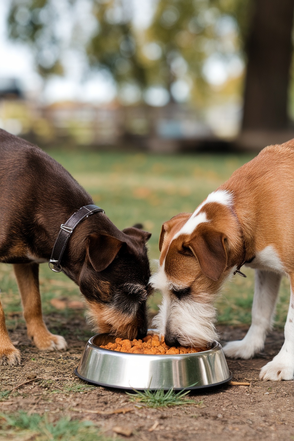 Two terrier dogs eating from a bowl of food outdoors.