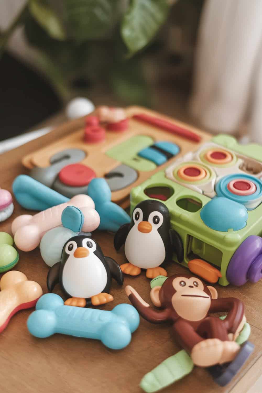 Colorful toys for dogs including penguins and bones on a wooden surface.