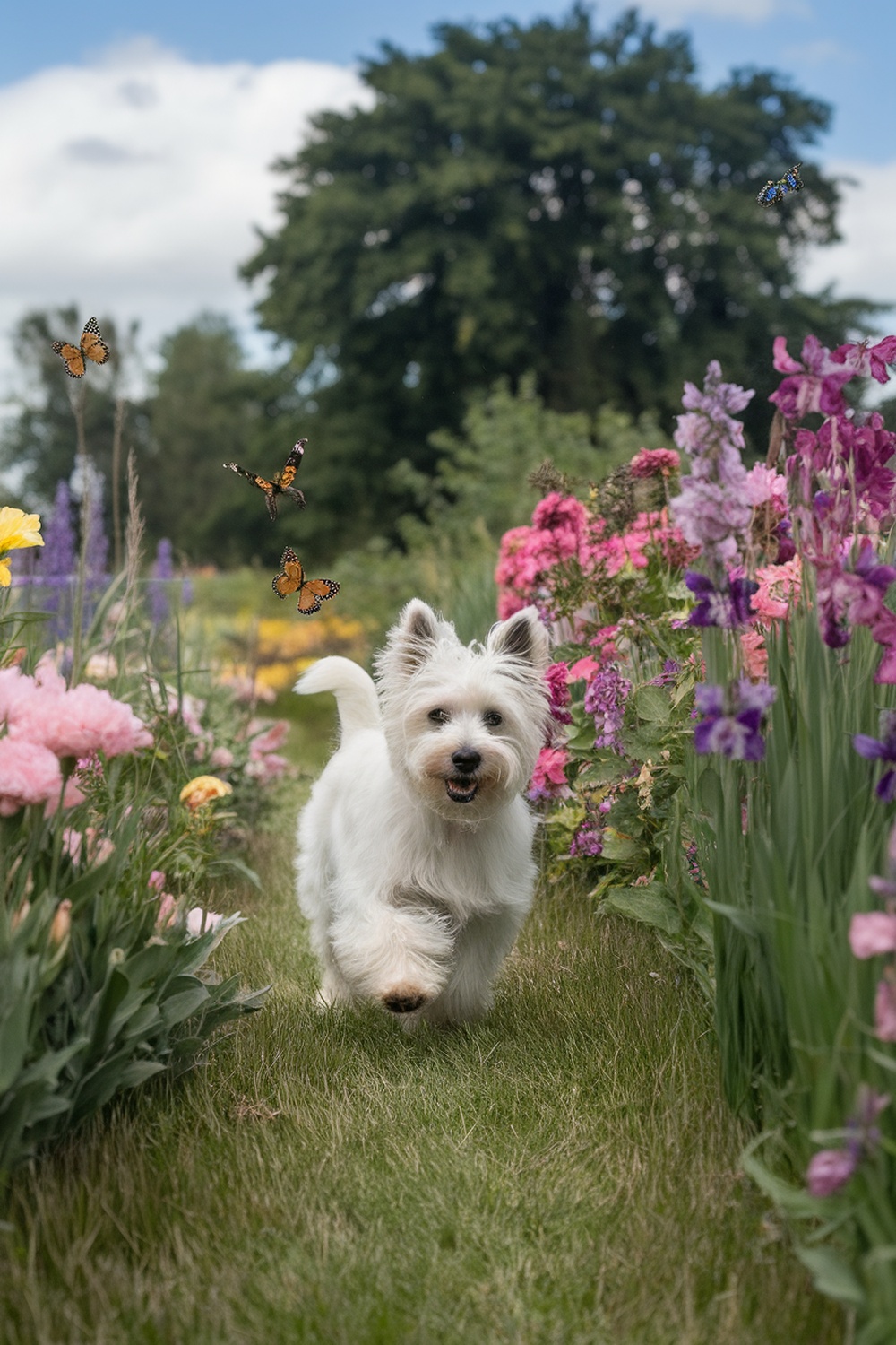 A West Highland White Terrier mix running happily through a colorful flower garden.