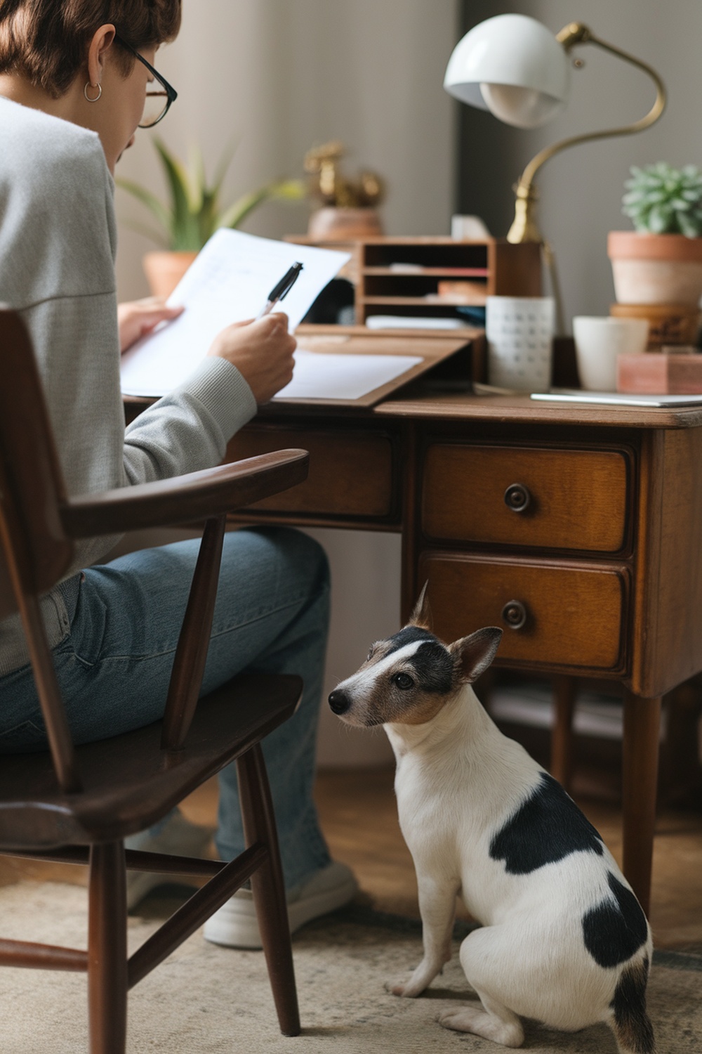 A person writing at a desk with a Rat Terrier sitting beside them.