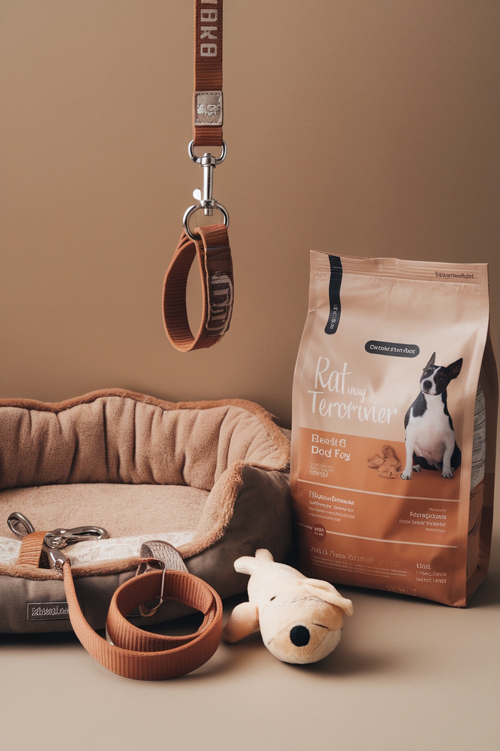 Rat Terrier supplies including a bed, leash, and dog food.
