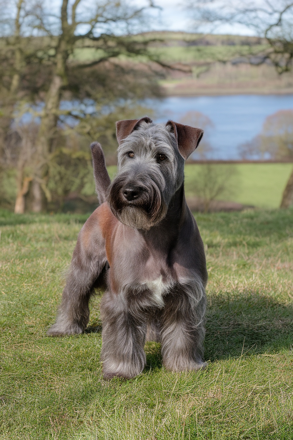 A Kerry Blue Terrier standing on grass with a scenic background.