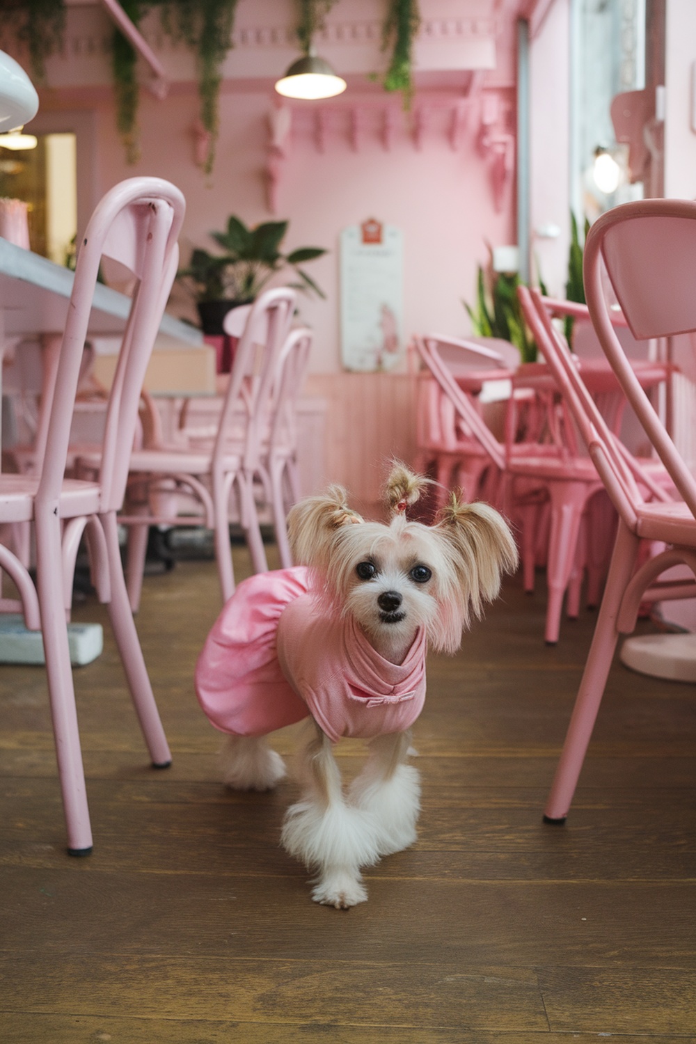 A cute Chinese Crested and Terrier mix dog in a pink dress, standing in a cozy pink-themed cafe.