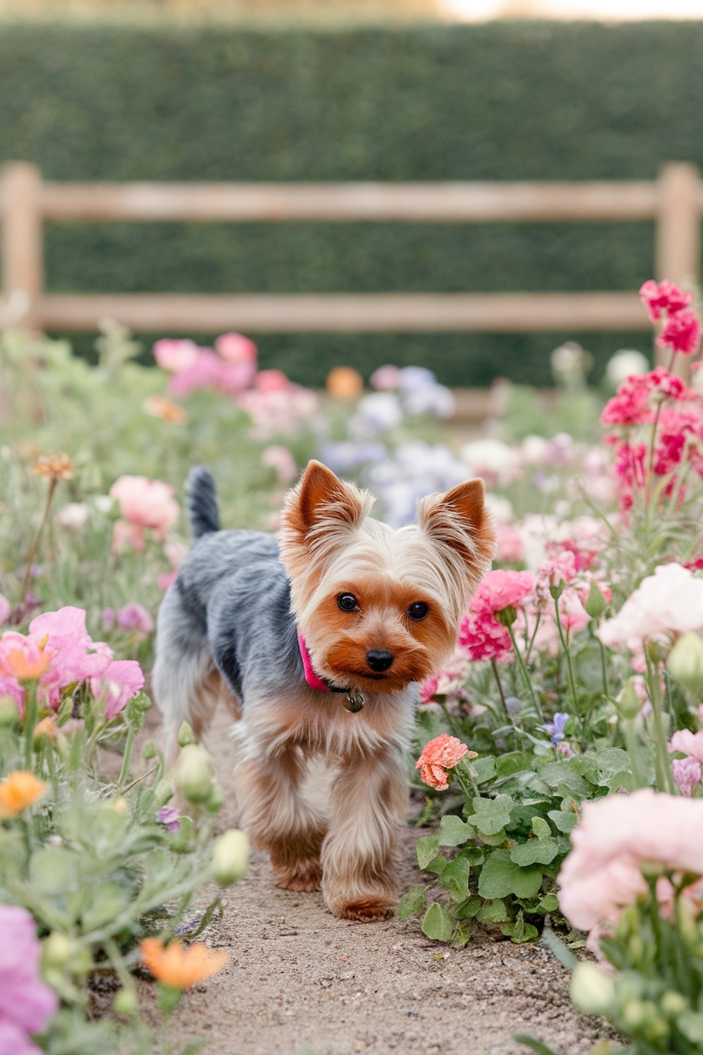 A Yorkshire Terrier walking among colorful flowers.