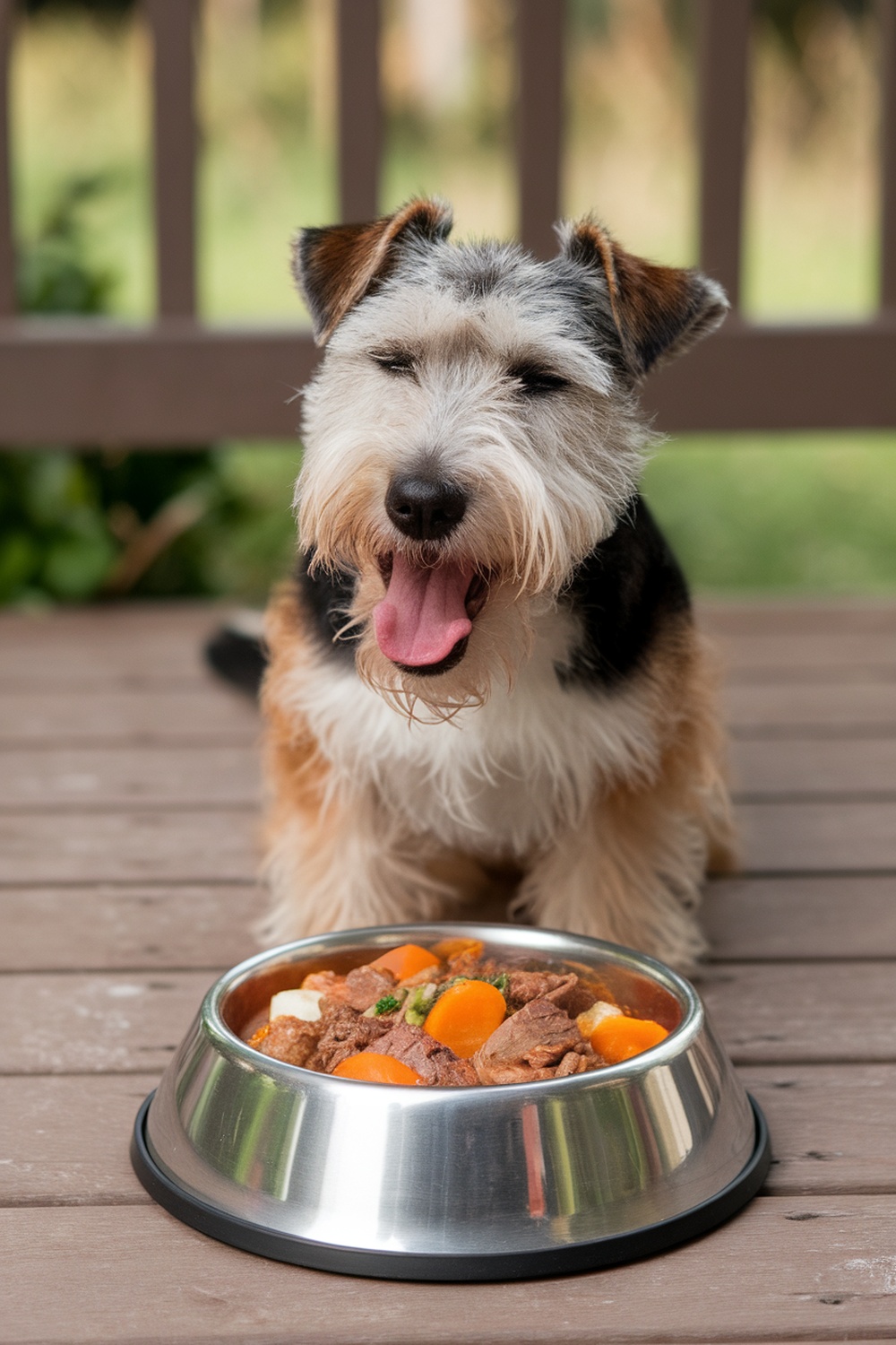 A happy terrier dog sitting in front of a bowl of beef and vegetable stew.
