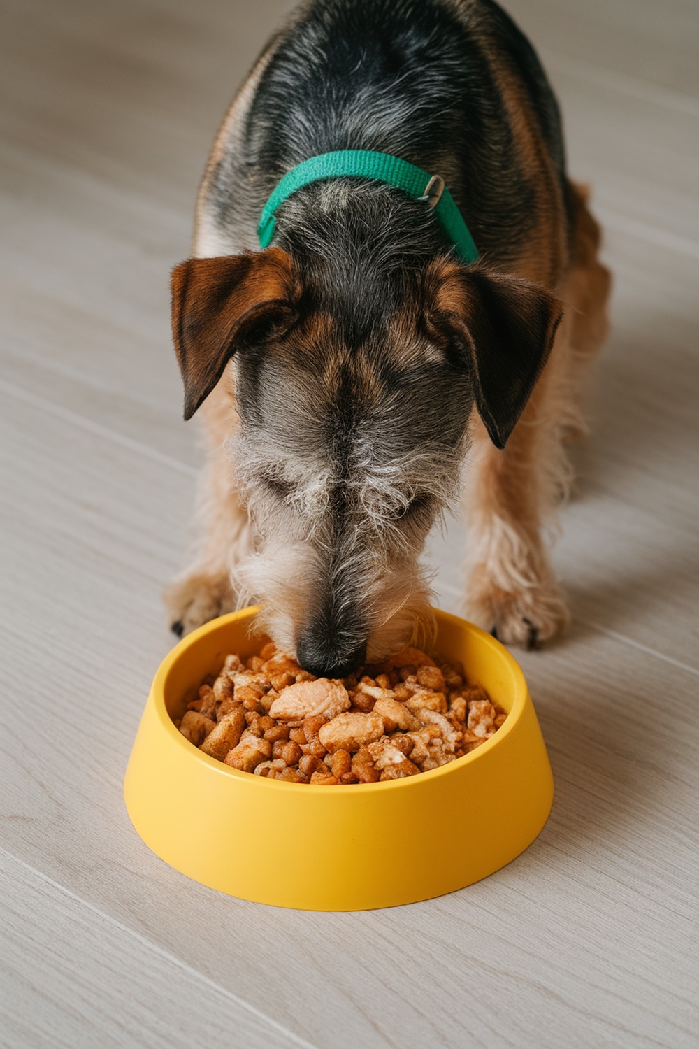 A terrier dog eating from a yellow bowl filled with dog food.