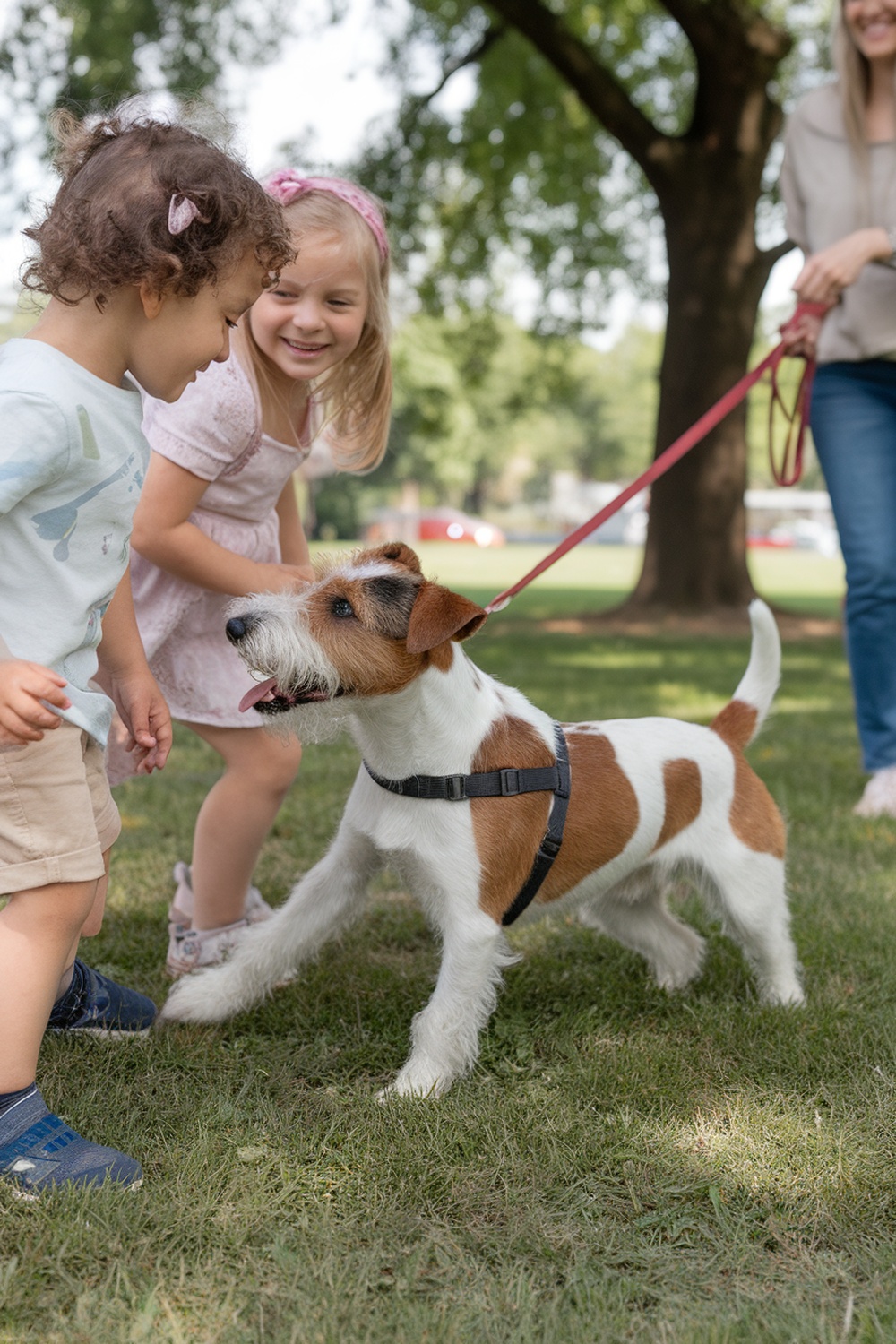 Two children playing with a terrier dog in a park.
