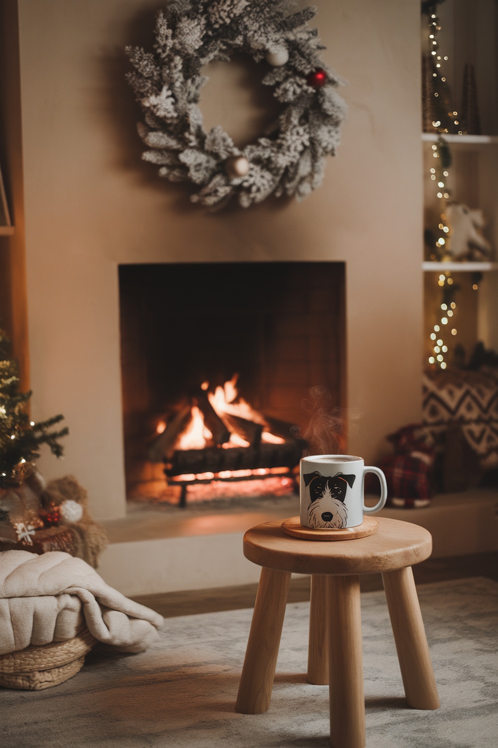 A coffee mug with a terrier design on a wooden stool, next to a fireplace.