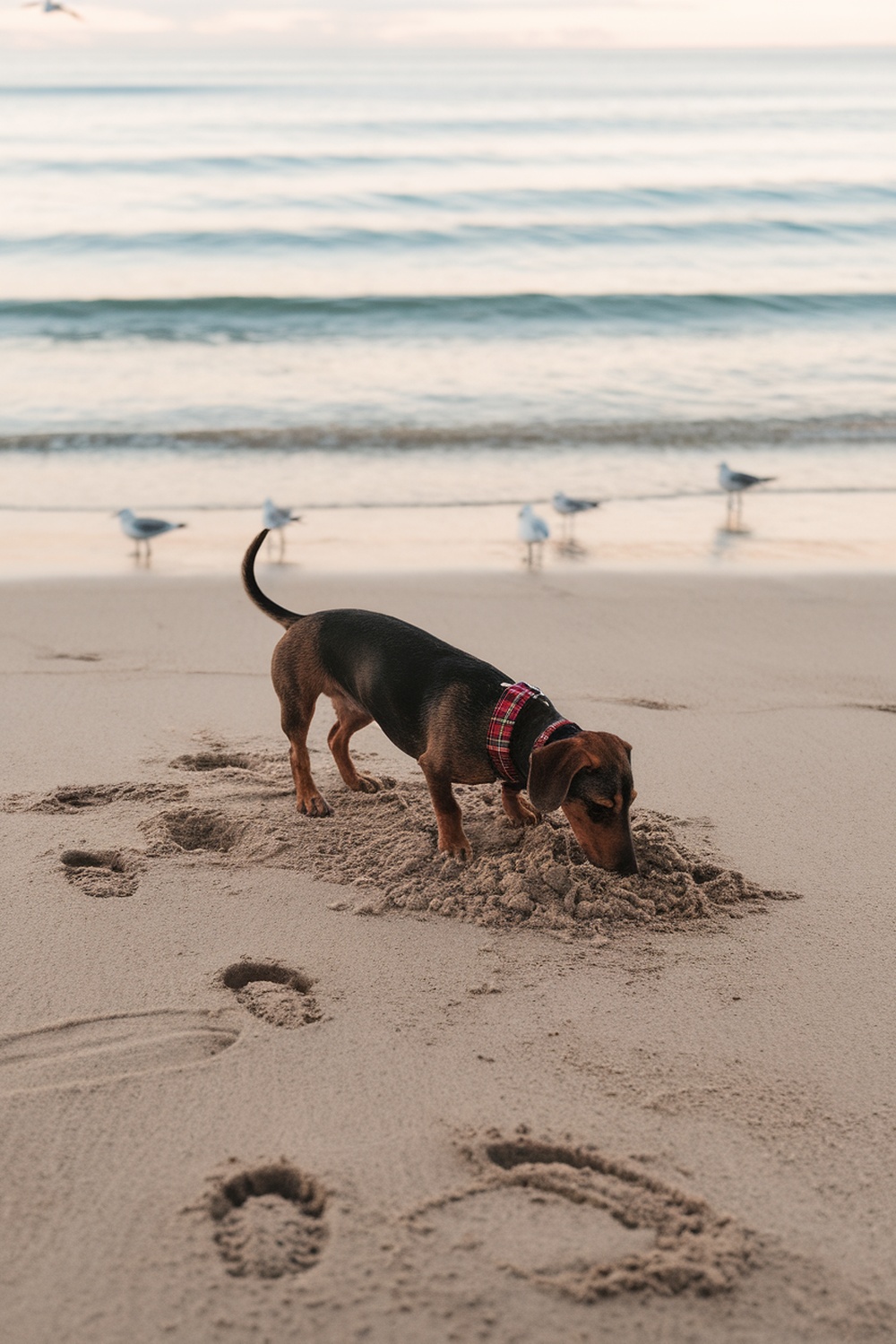 A Dachshund and Terrier mix dog digging in the sand at the beach.