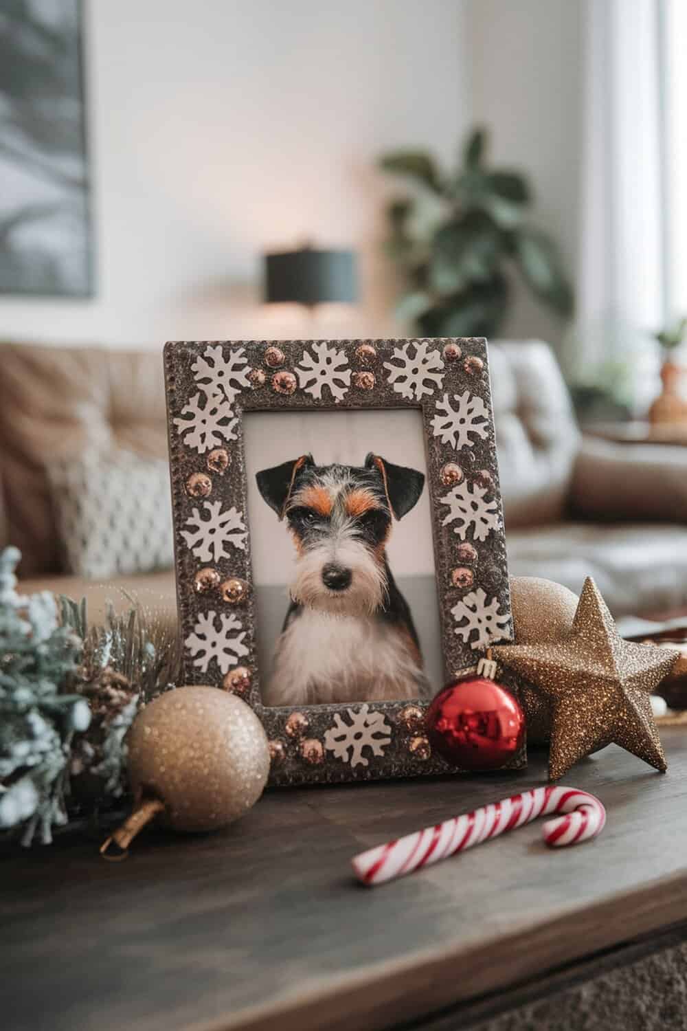A decorated photo frame featuring a dog, surrounded by Christmas ornaments.