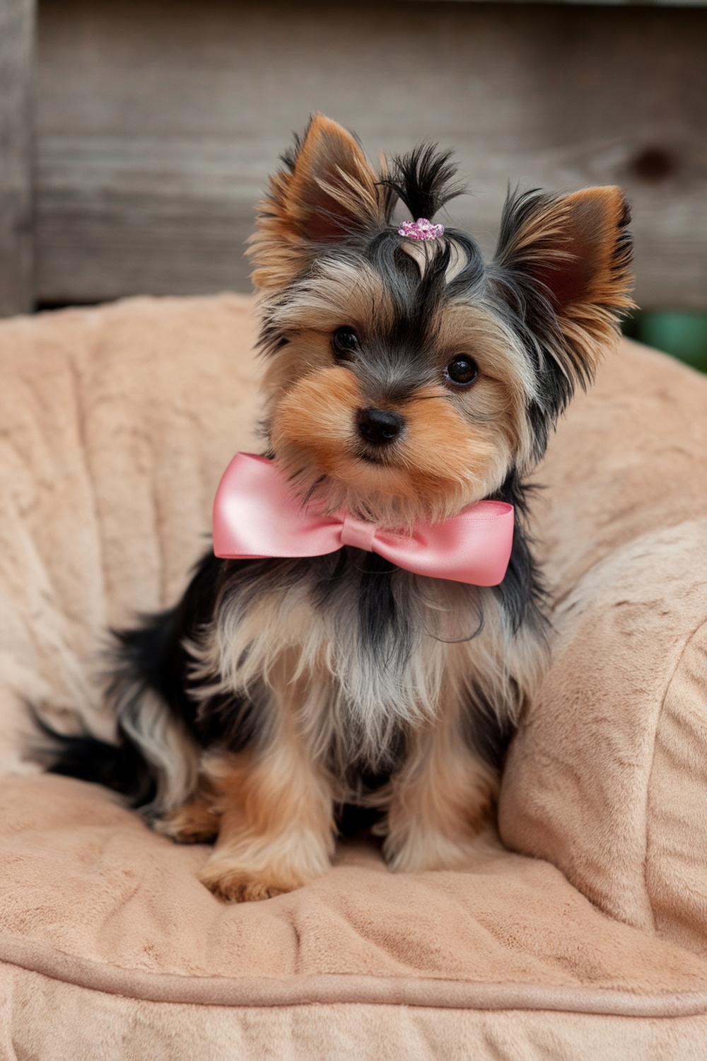 A cute Yorkie puppy with a pink satin bow sitting on a plush bed.