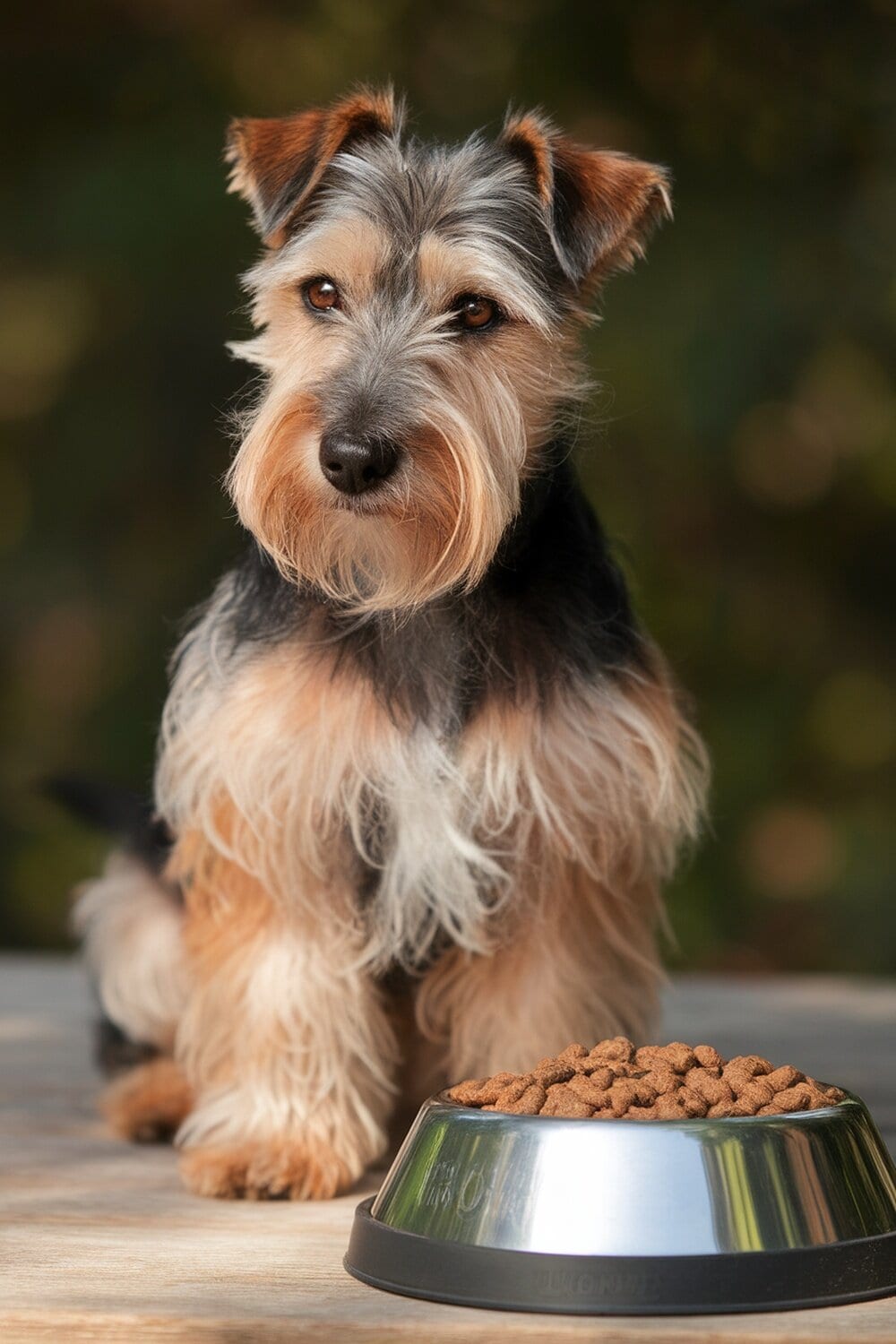 A terrier dog sitting next to a bowl of dog food.