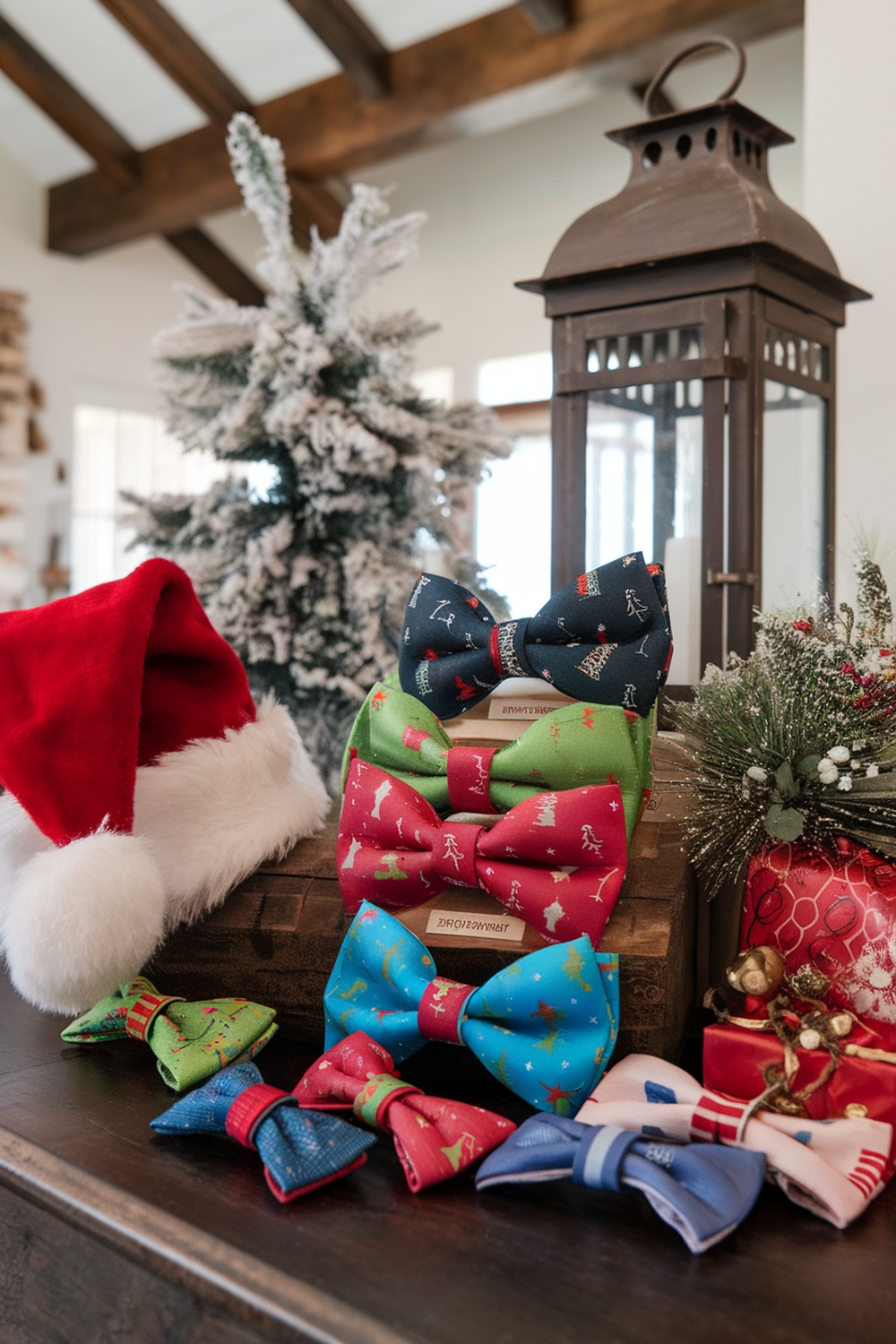 A collection of colorful dog bowties displayed with a Santa hat and holiday decorations.
