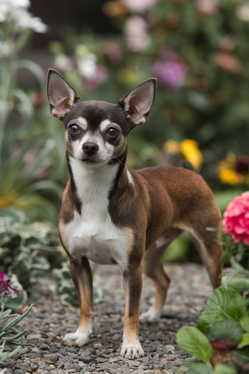 A Chihuahua standing confidently among colorful flowers.