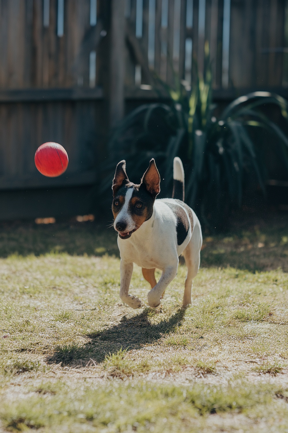 A Rat Terrier running after a red ball in a grassy yard.