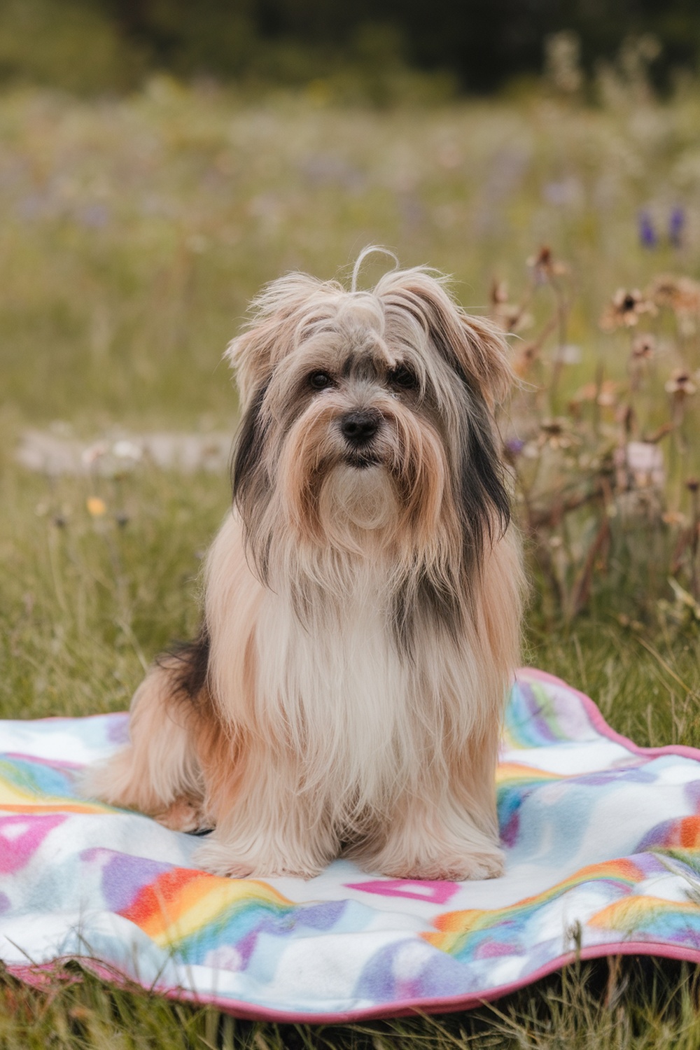 A Lhasa Apso and Terrier mix sitting on a colorful blanket in a grassy field.