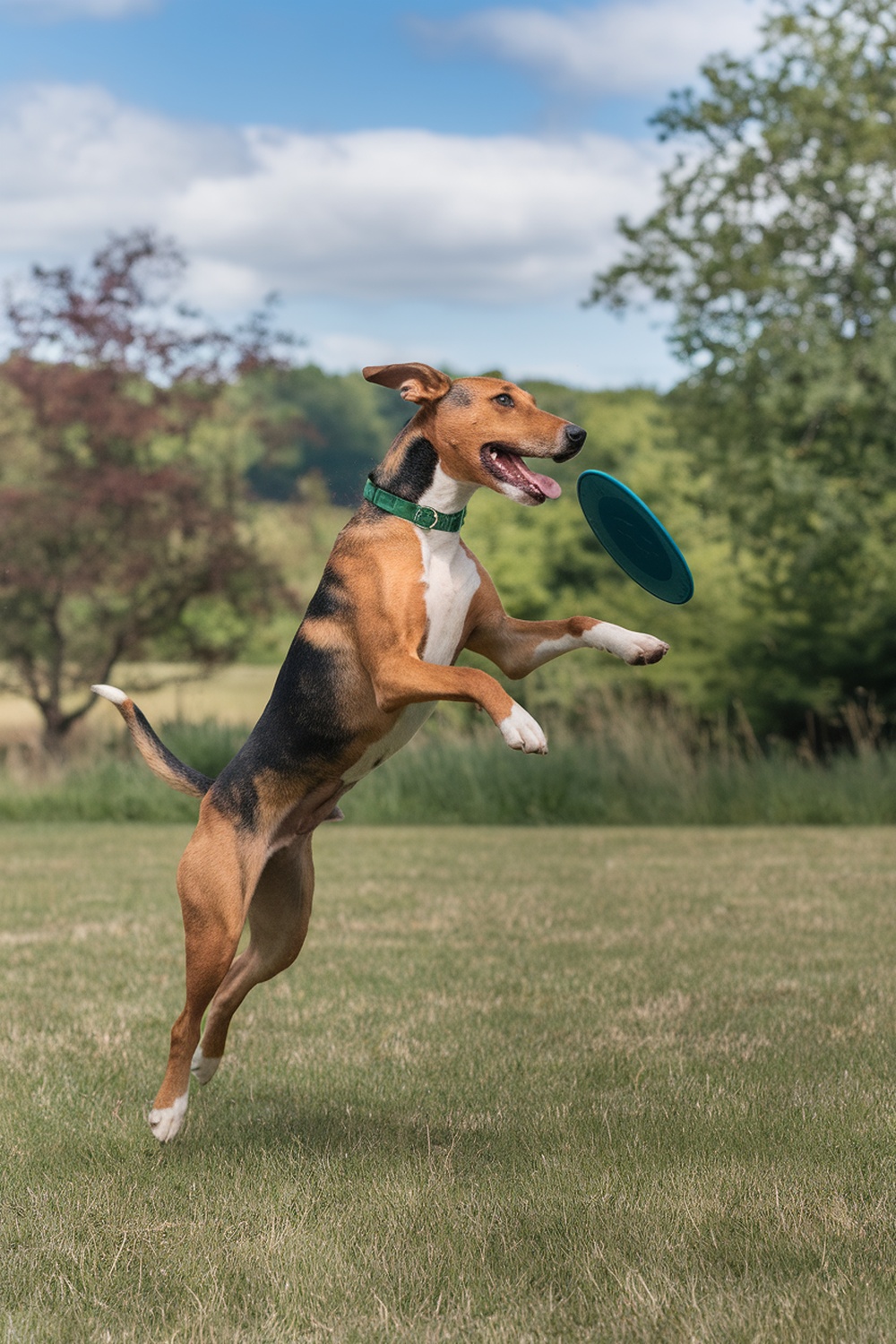 Airedale Terrier and Boxer mix playing with a frisbee in a grassy field.