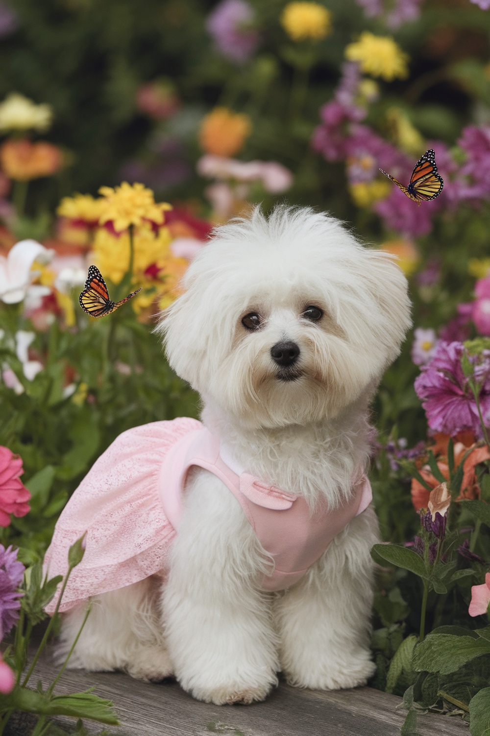 A cute Bichon Frise and Terrier mix dog in a pink dress surrounded by colorful flowers.