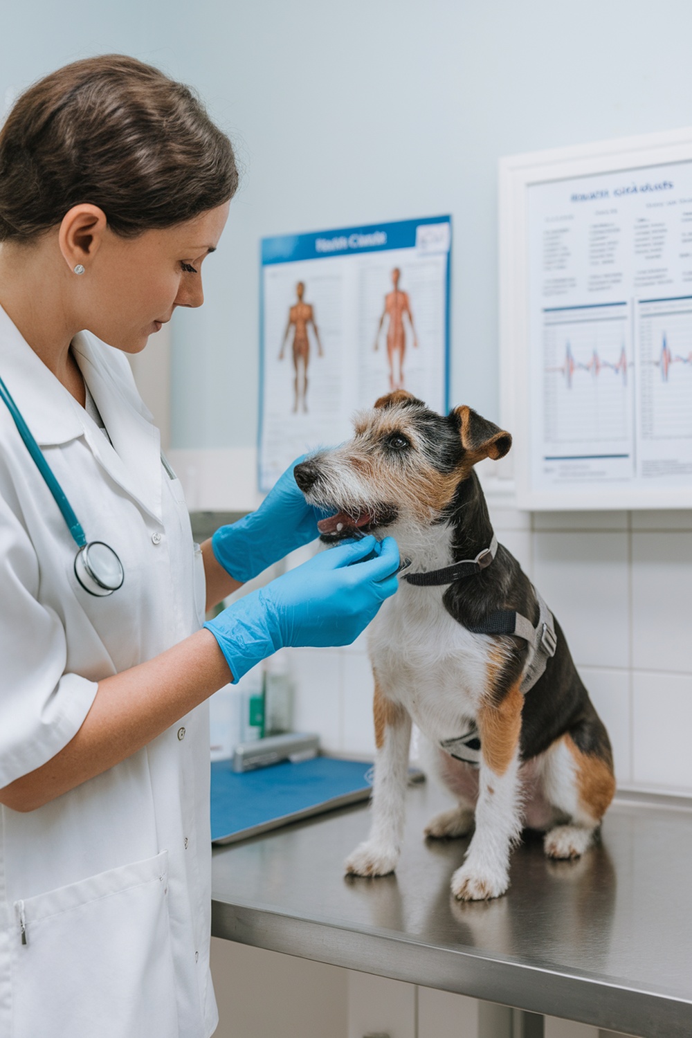 A veterinarian examining a terrier dog during a check-up.