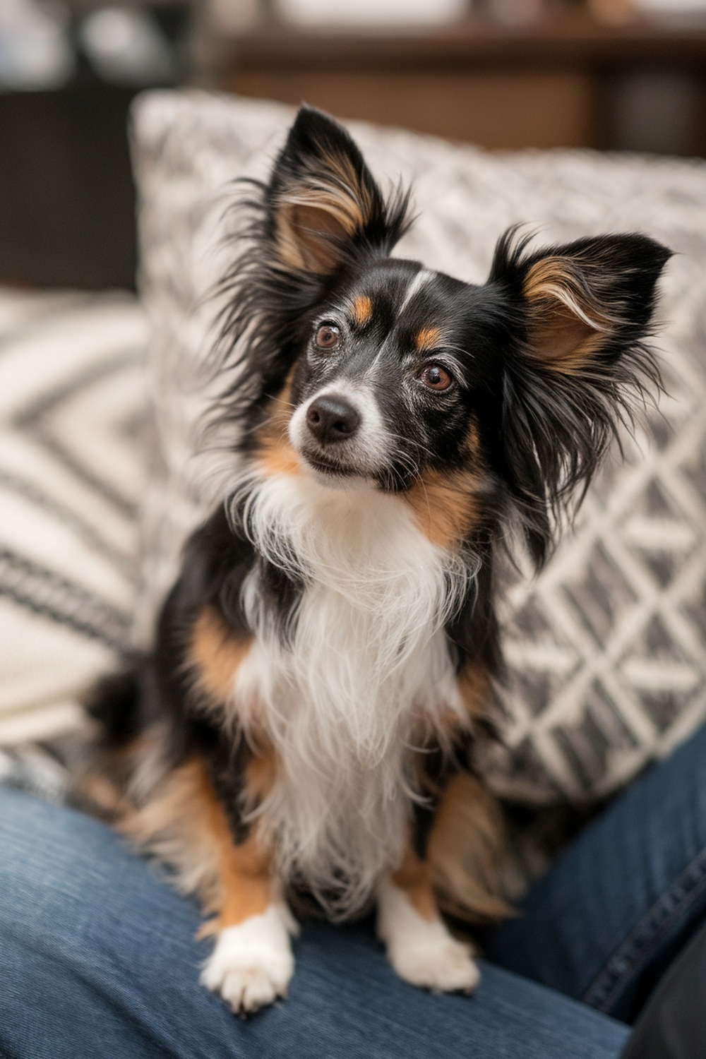 A Papillon and Terrier mix dog sitting on a lap, showcasing its fluffy ears and friendly expression.