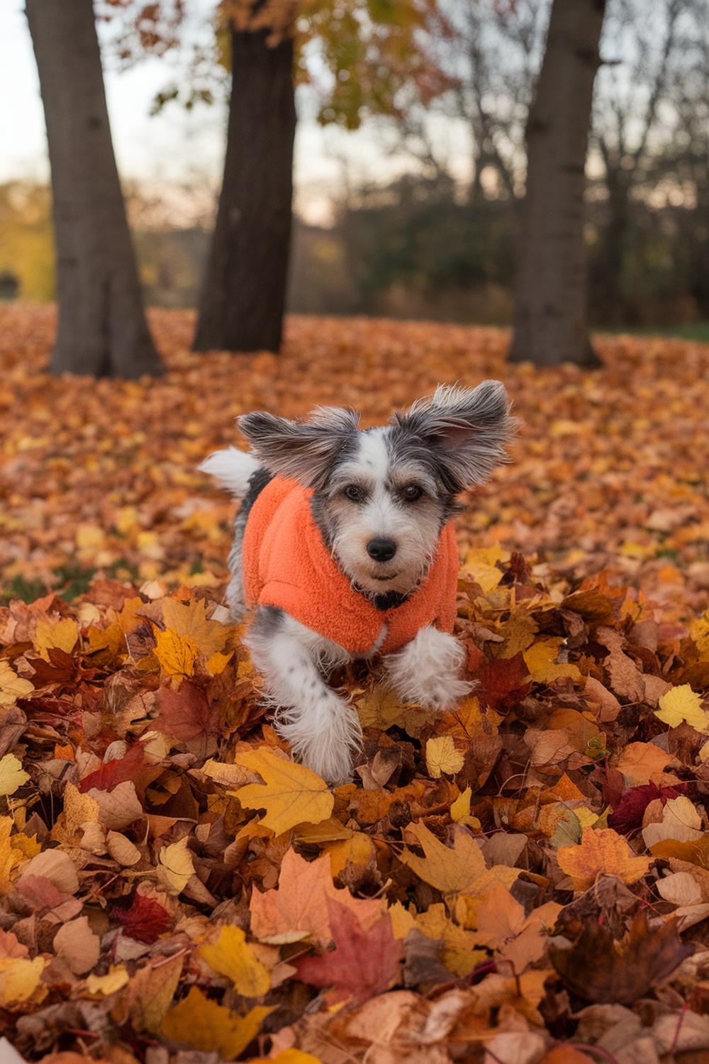 A playful dog in an orange sweater running through autumn leaves.