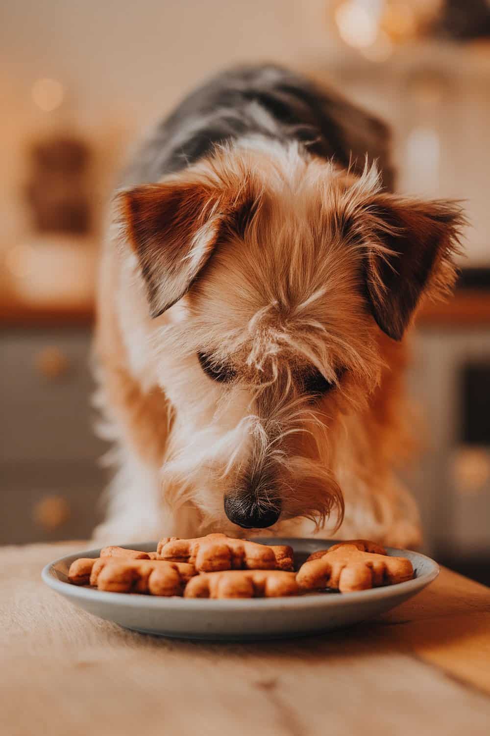 A terrier dog sniffing a plate of pumpkin spice dog biscuits.