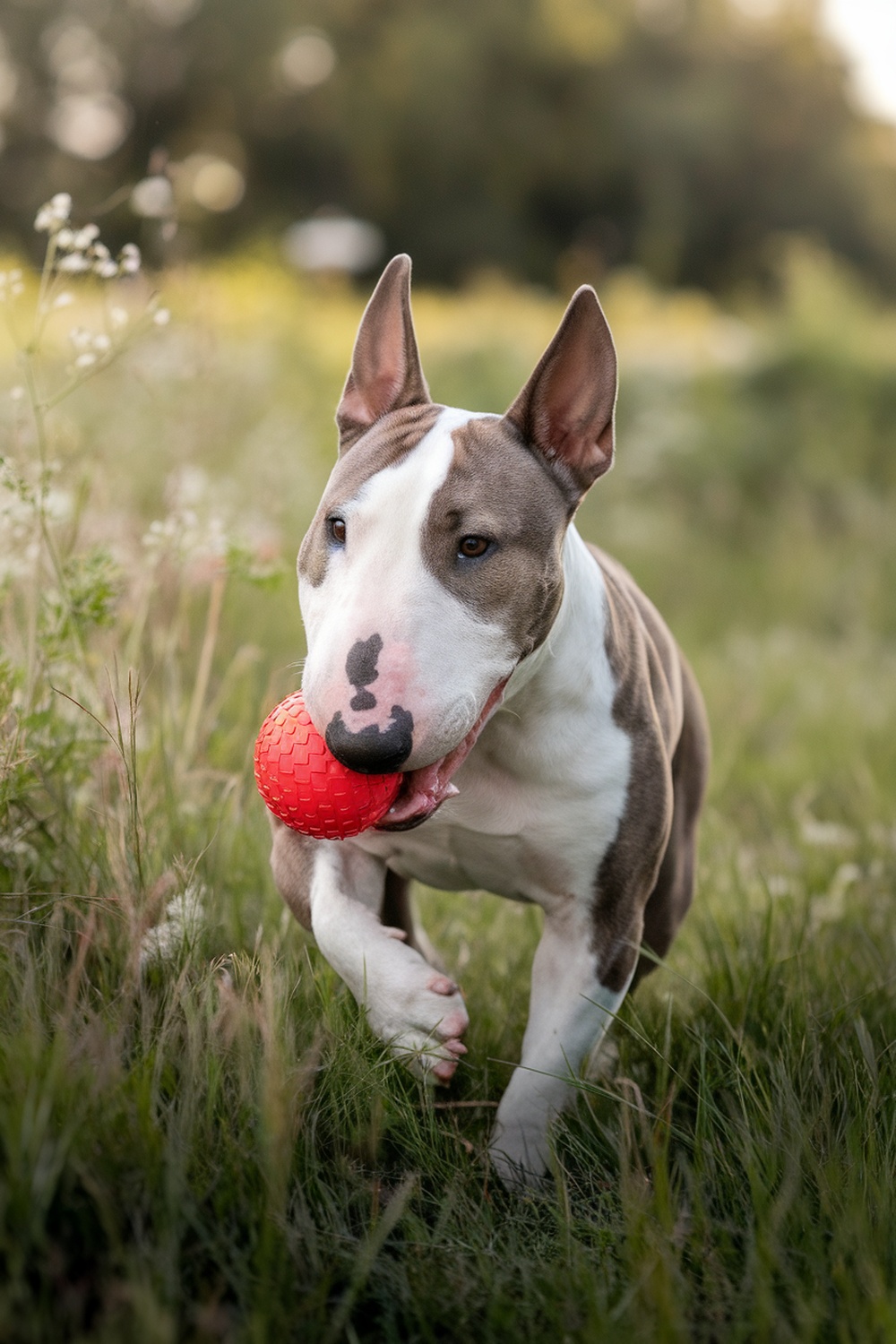A Bull Terrier running with a red ball in its mouth, showcasing its playful spirit.