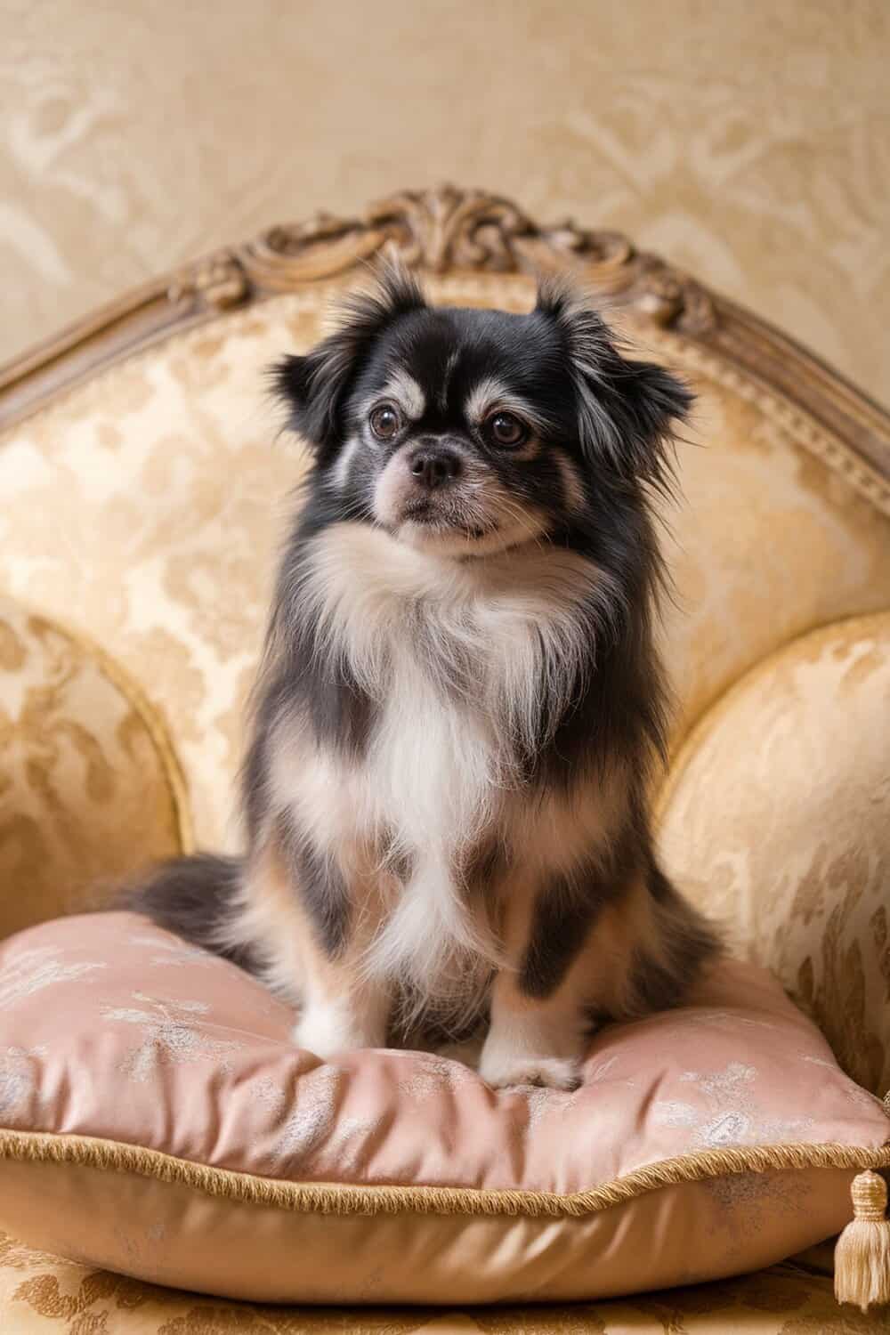 A Pekingese Terrier mix sitting on a decorative pillow.