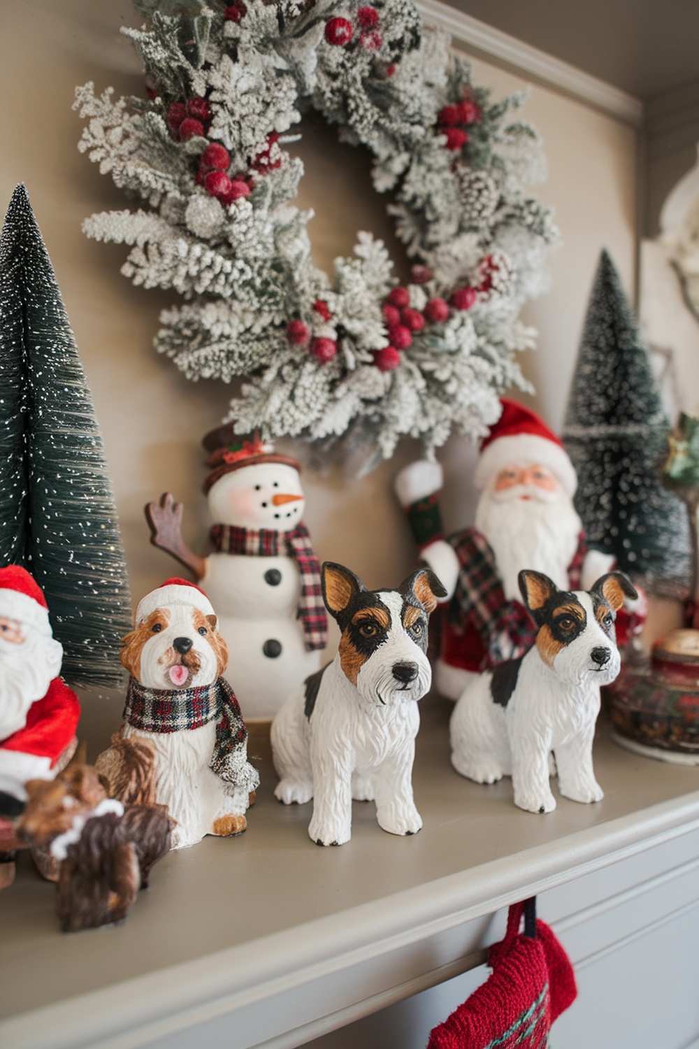 Decorative figurines of terrier dogs among holiday decorations.
