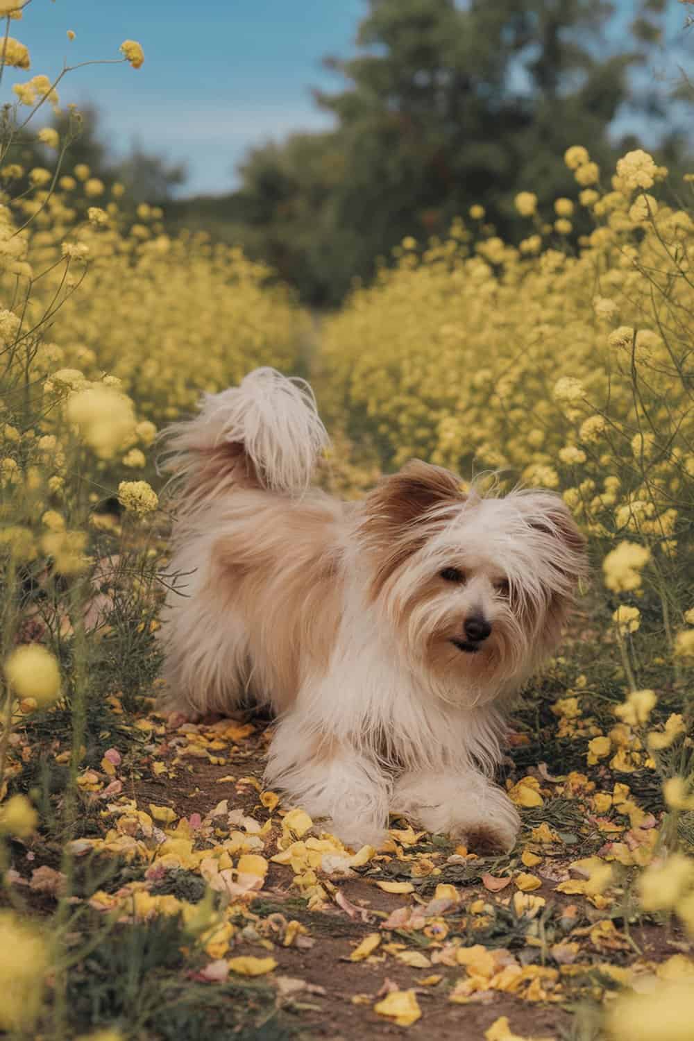 A fluffy Coton de Tulear dog lying in a field of yellow flowers.