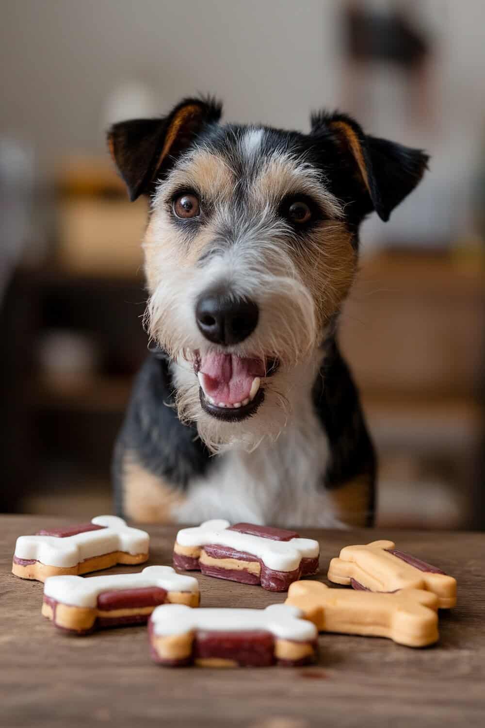 A happy Terrier dog with peanut butter and jelly dog treats on a table.