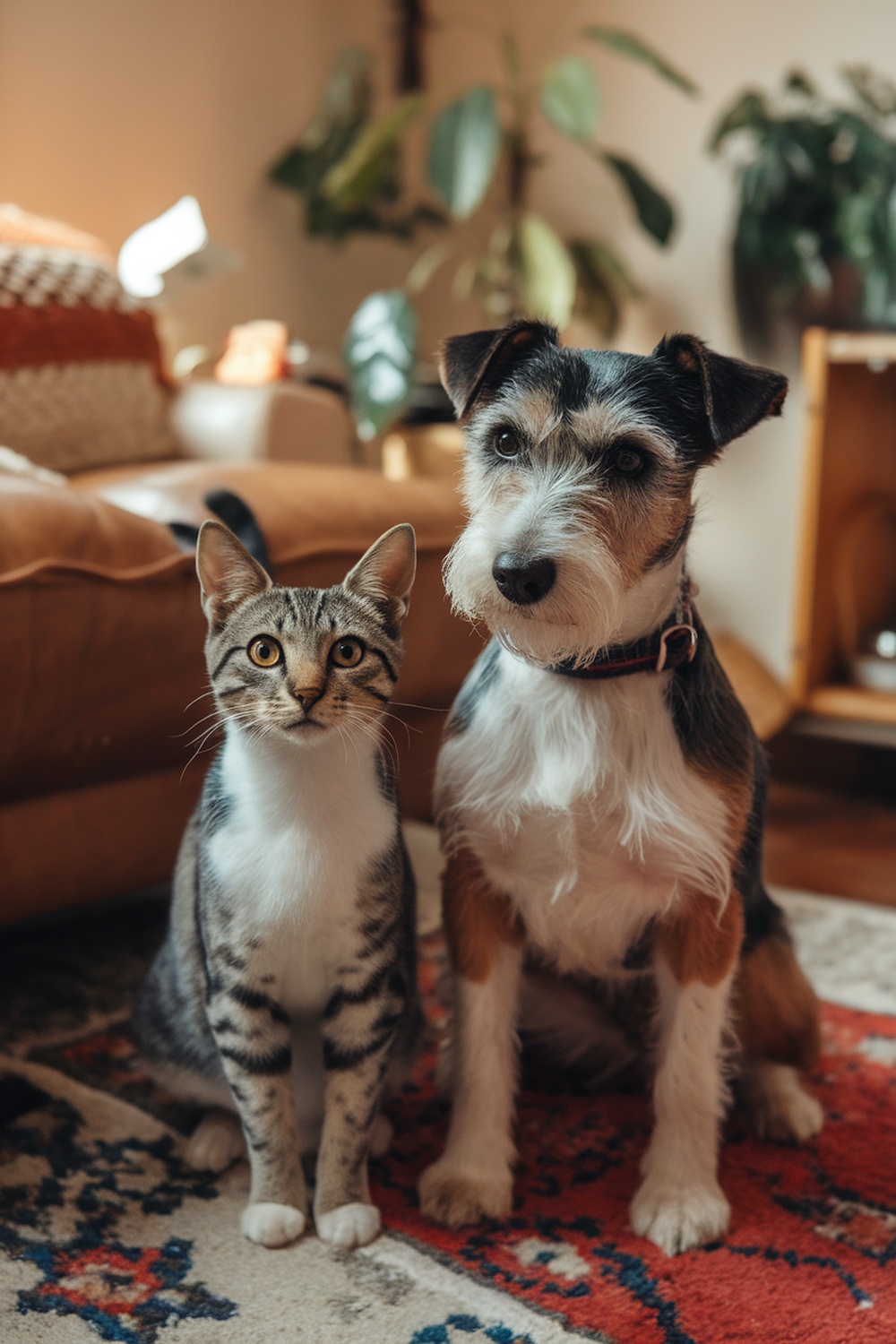 A terrier dog sitting next to a cat in a cozy living room.