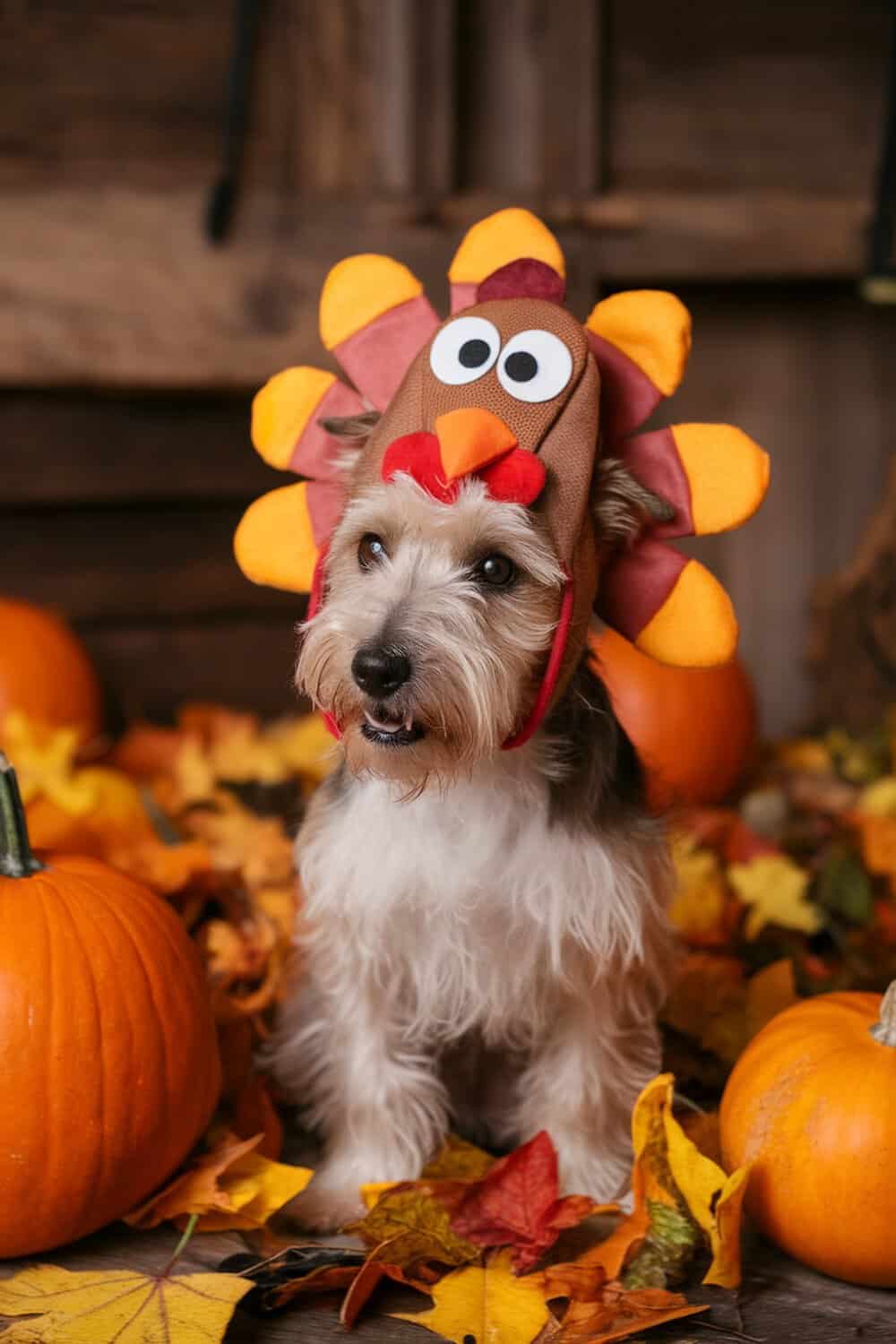 A terrier wearing a turkey hat surrounded by pumpkins and autumn leaves.