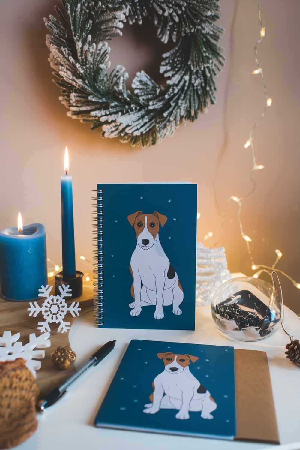 A terrier-themed stationery set with a notebook and notepad, surrounded by festive decorations.