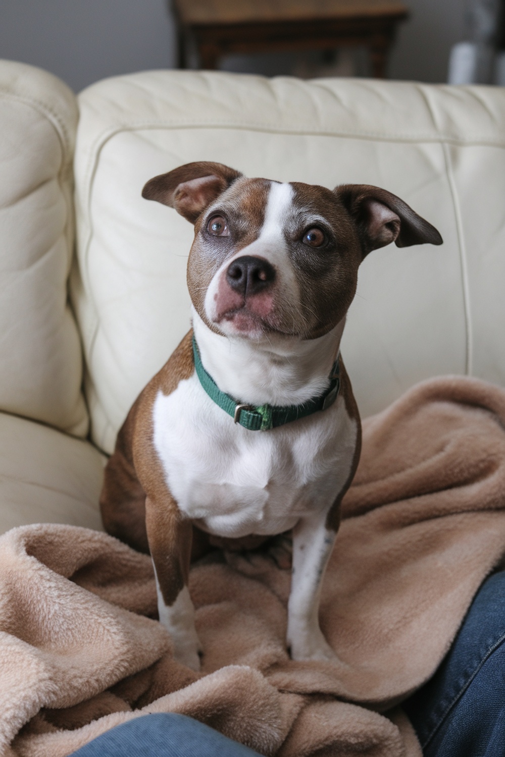 A Staffordshire Bull Terrier and Chihuahua mix sitting on a couch, looking curiously.