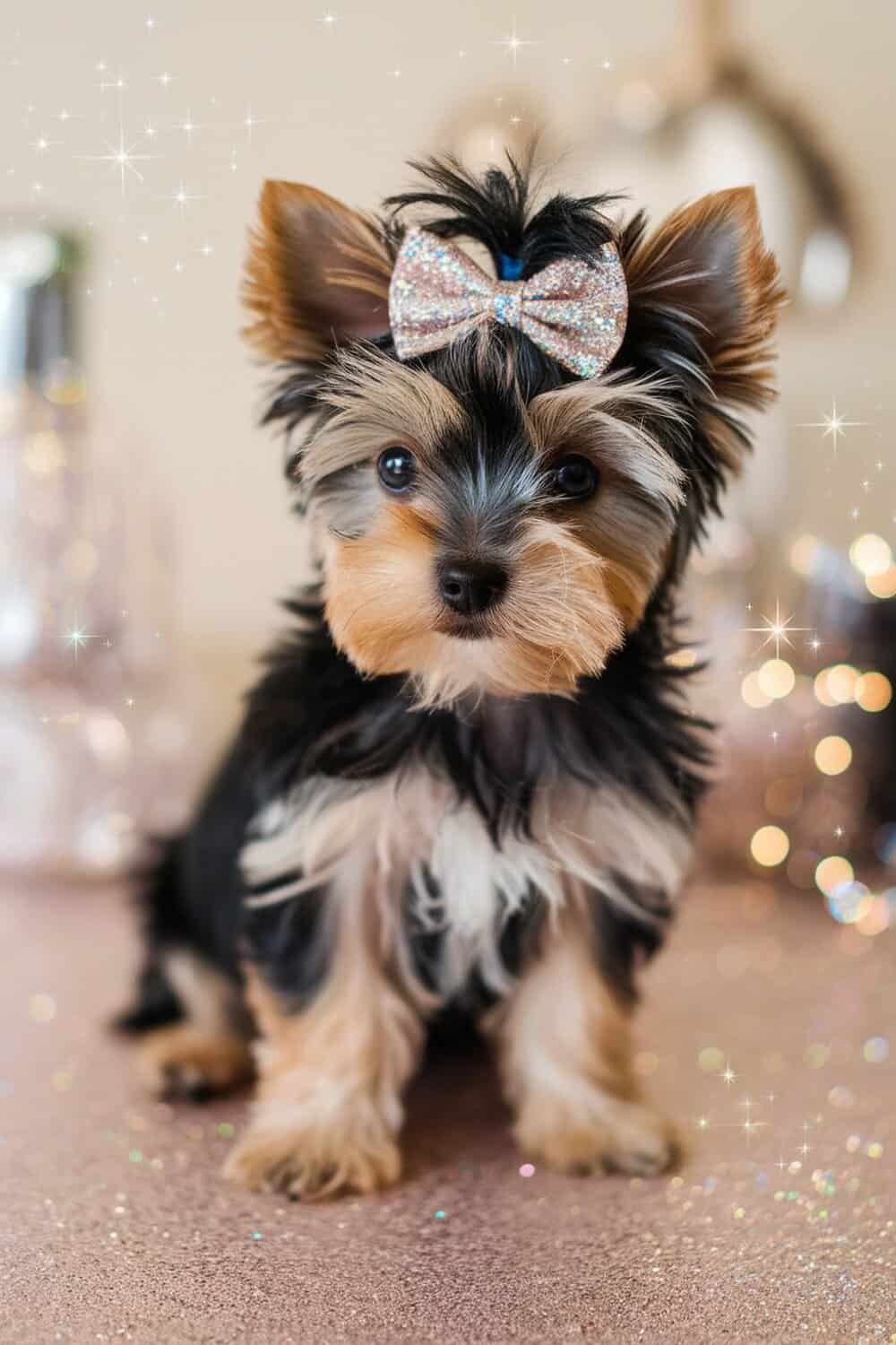 Yorkie puppy with a glittery bow