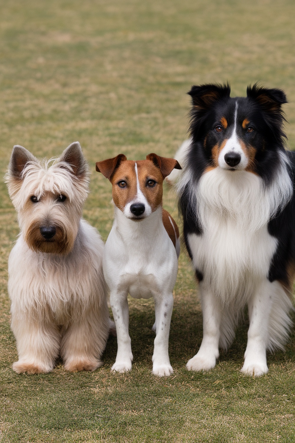Three terrier dogs of different sizes standing side by side on grass.