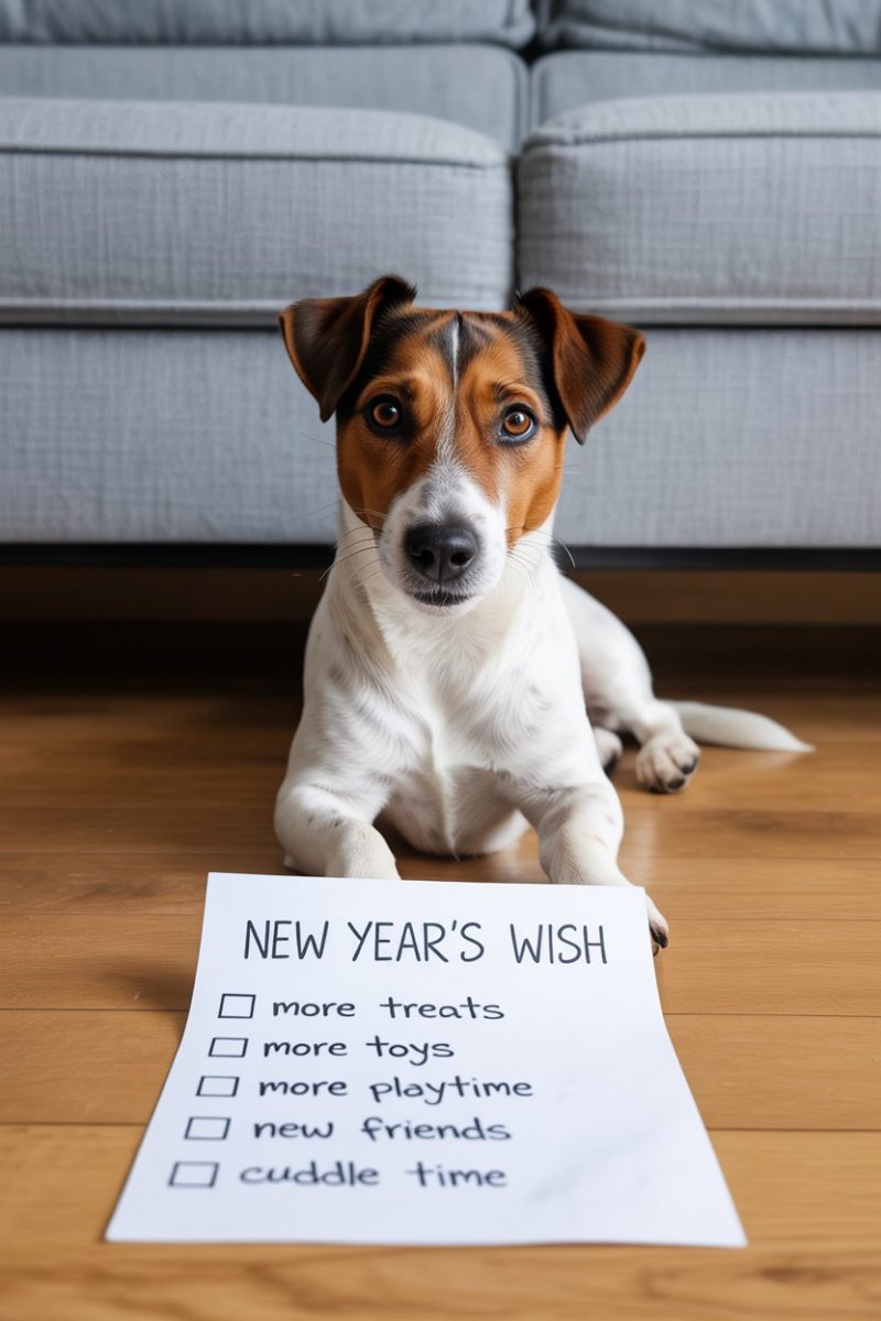 A close-up photograph of a Jack Russell Terrier dog lying on a light wooden floor, with a gray couch visible in the background.