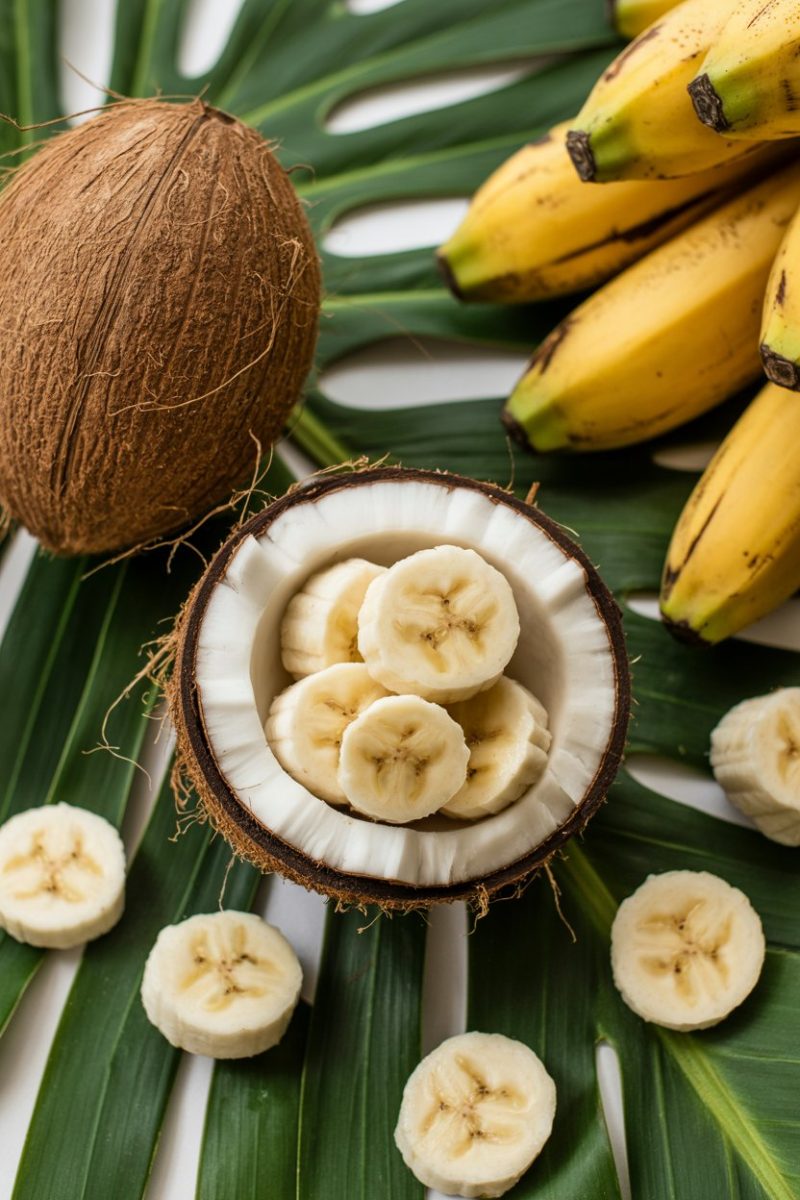 A colorful arrangement of coconut and banana bites on a tropical background.