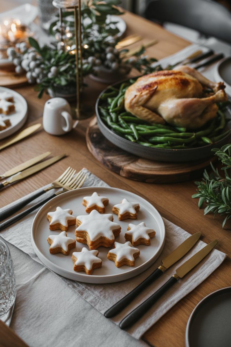 A festive table setting with star-shaped biscuits, a roasted chicken, and green beans.