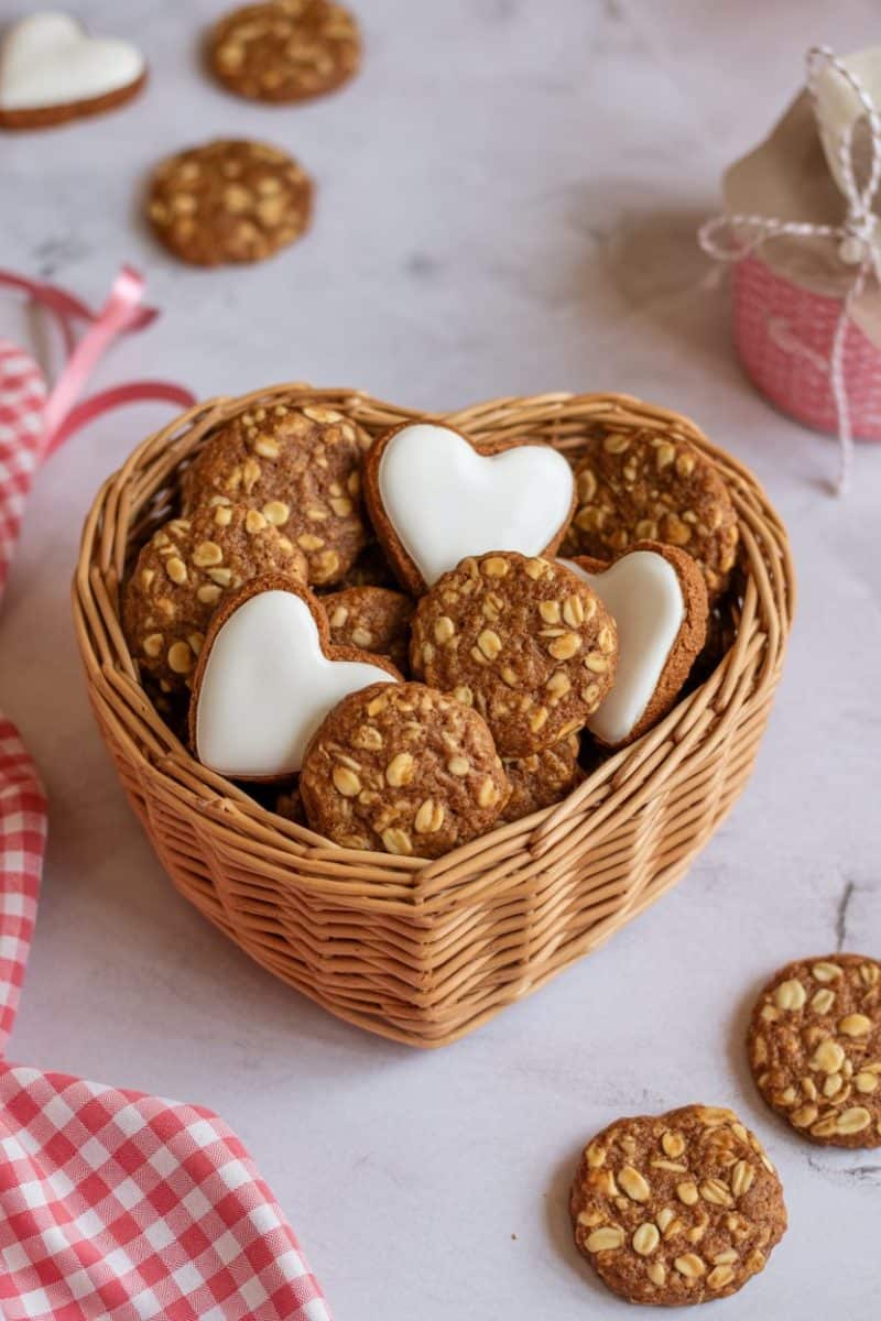 A heart-shaped basket filled with carrot and oat cookies, showcasing a mix of round and shaped treats.