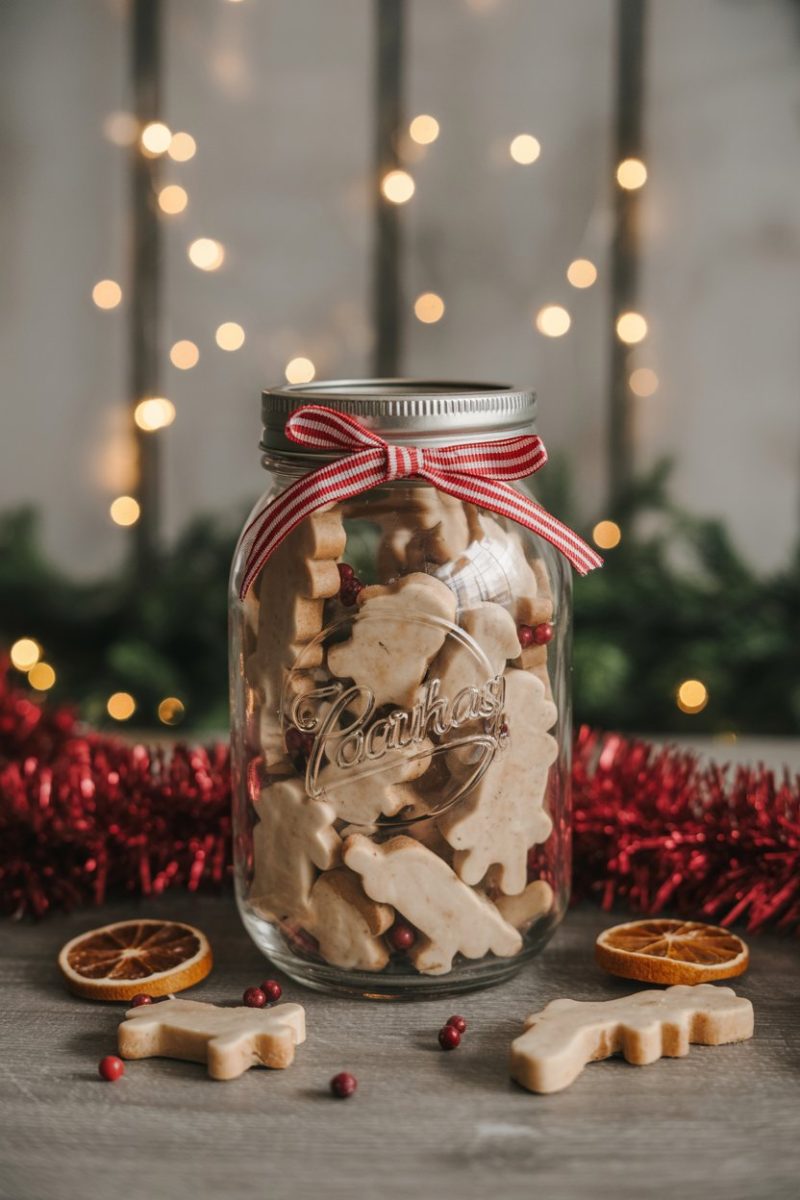 A jar filled with Christmas-themed dog treats, featuring turkey and cranberry flavors, surrounded by festive decorations.