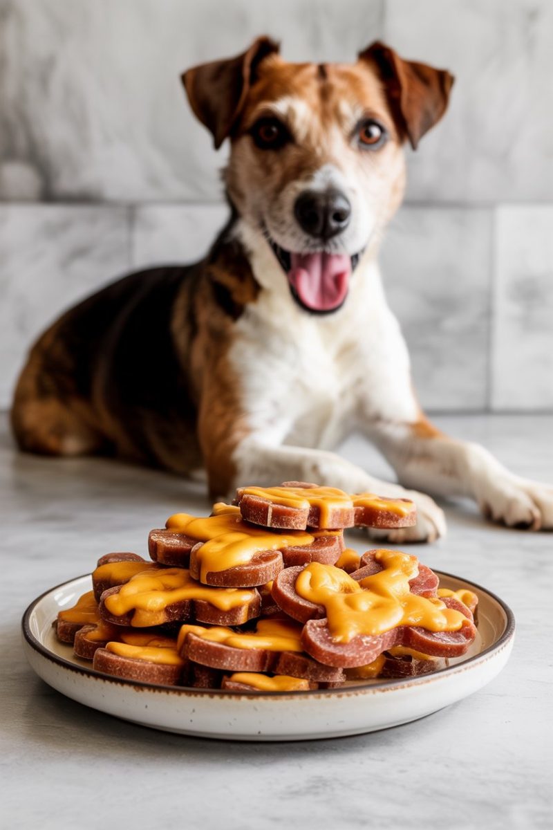 A plate of cheesy bacon dog treats with a happy terrier in the background.