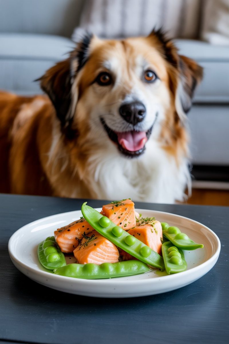 A plate of salmon pieces and sweet peas with a happy dog in the background.
