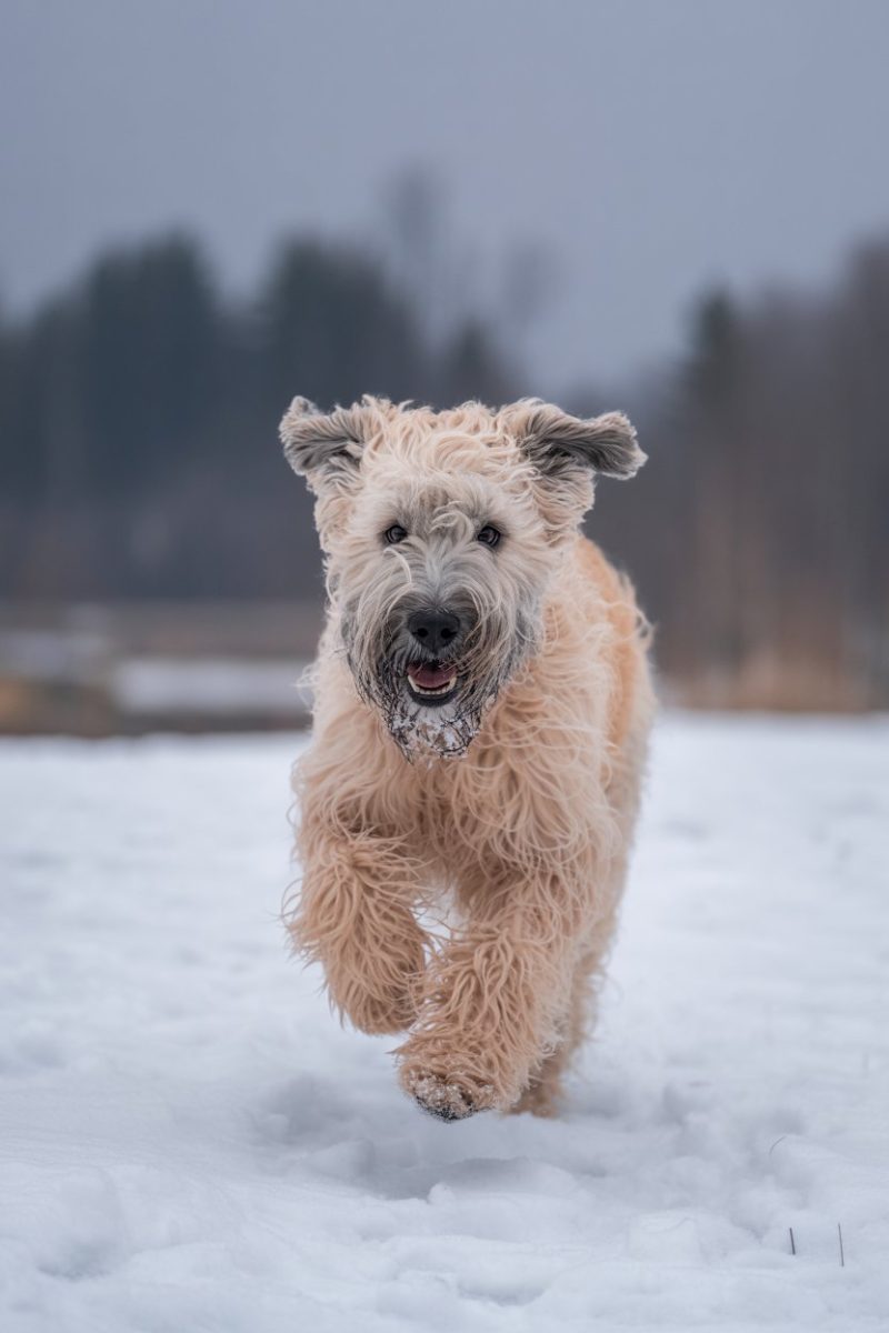 A Soft Coated Wheaten Terrier running through the snow.